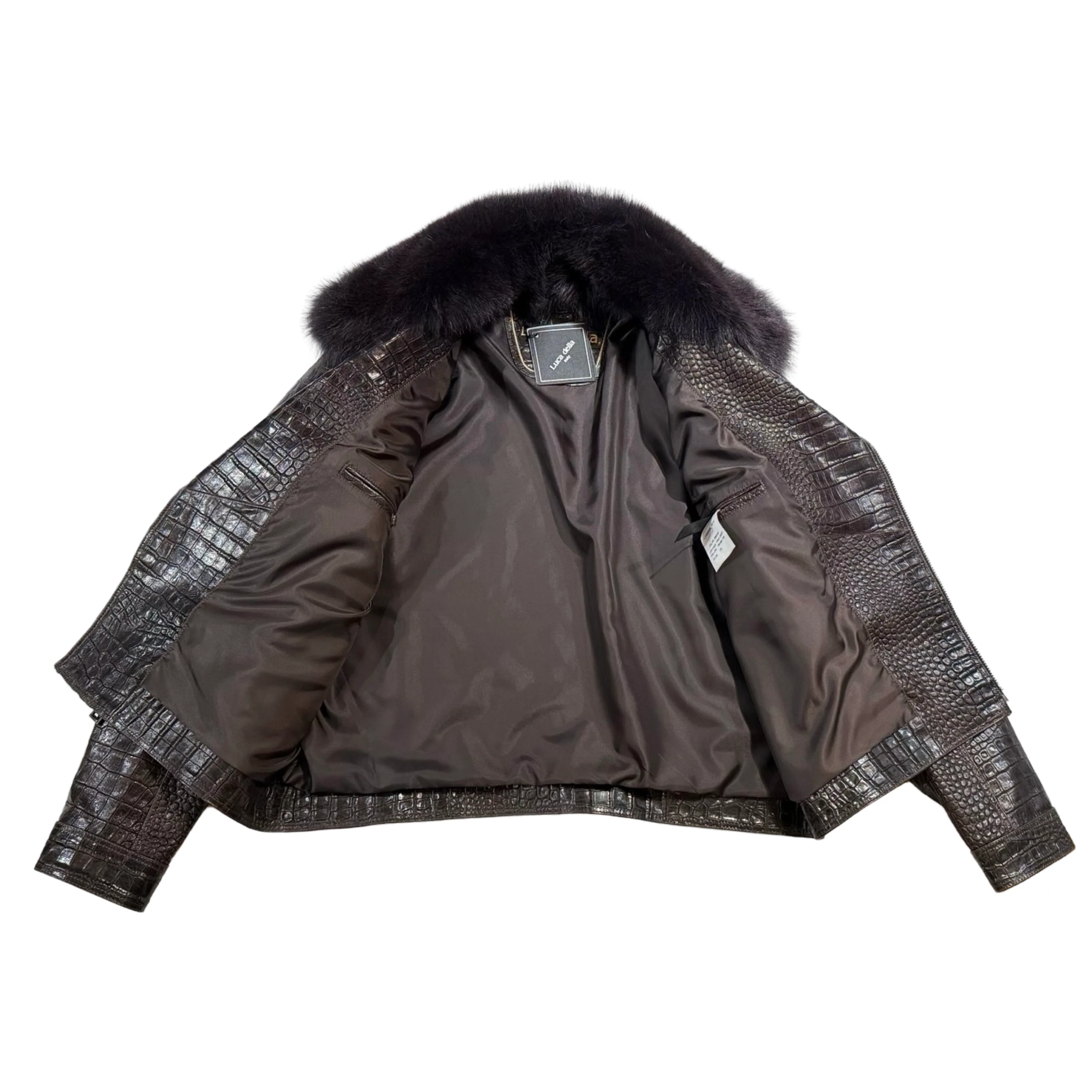 Kashani Brown Embossed Alligator & Cavallino Pony Hair Biker Jacket with Detachable Fox Fur Collar - Image 4