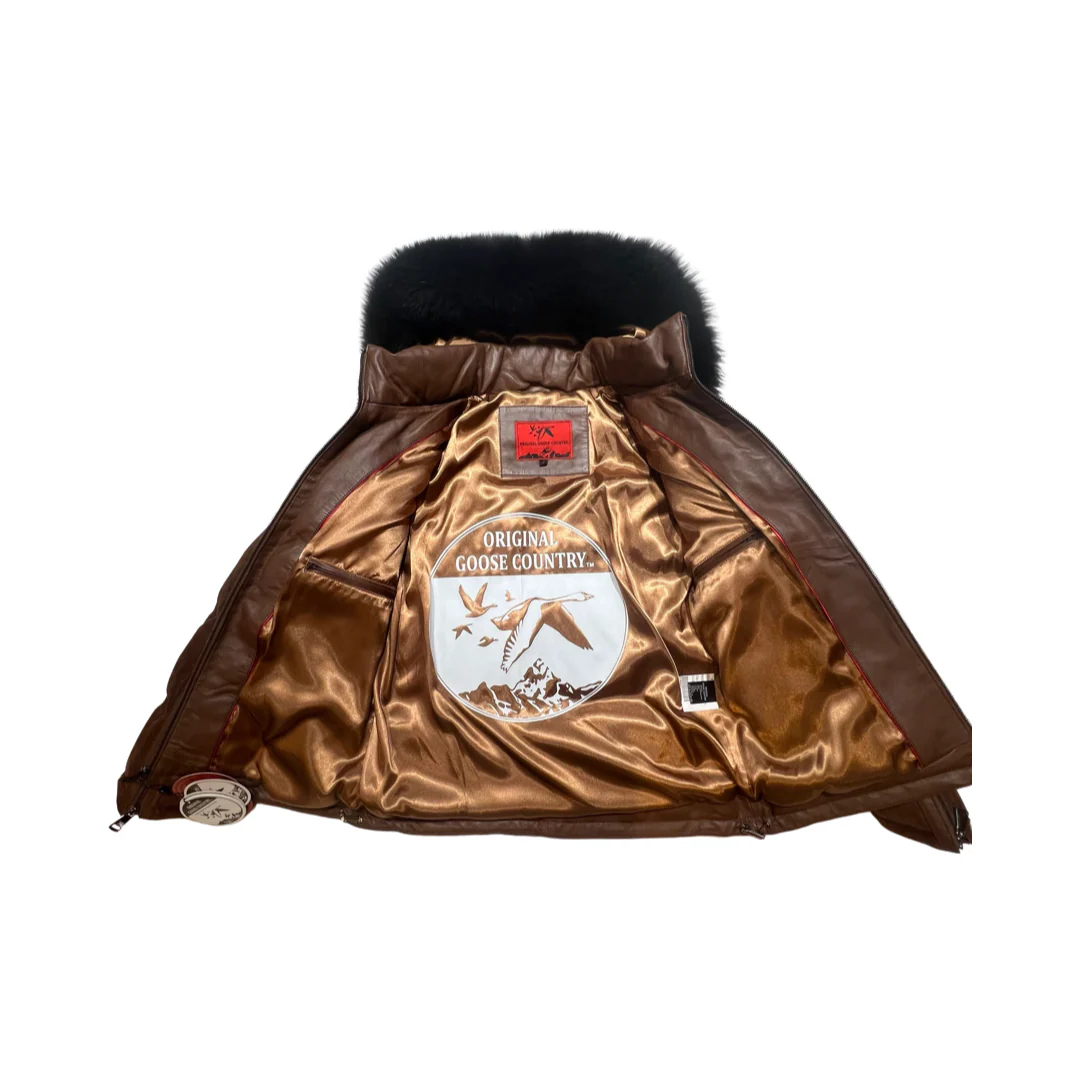 Goose Country Brown Suede Fox Fur Hooded Lambskin Puffer Jacket - Image 3
