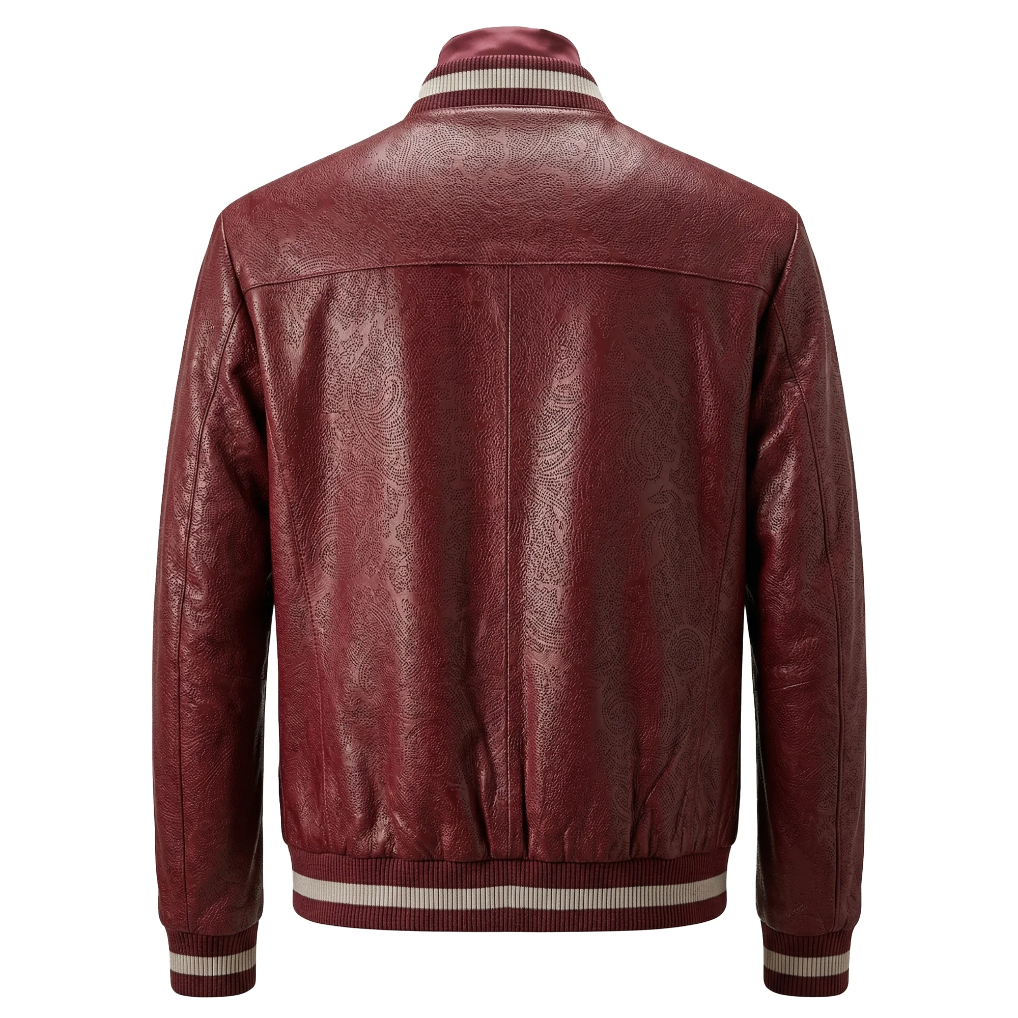 Kashani Burgundy Pony Hair & Perforated Paisley Leather Bomber Jacket - Image 2