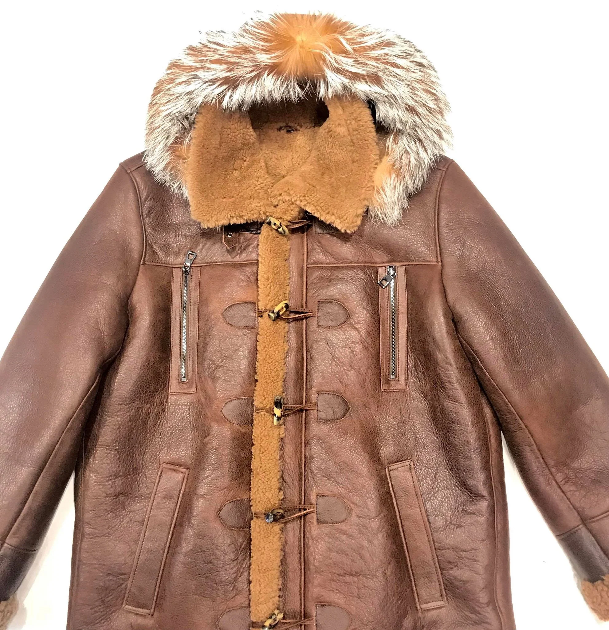 Kashani Chocolate Duffel Fox Hooded Shearling Jacket - Image 2