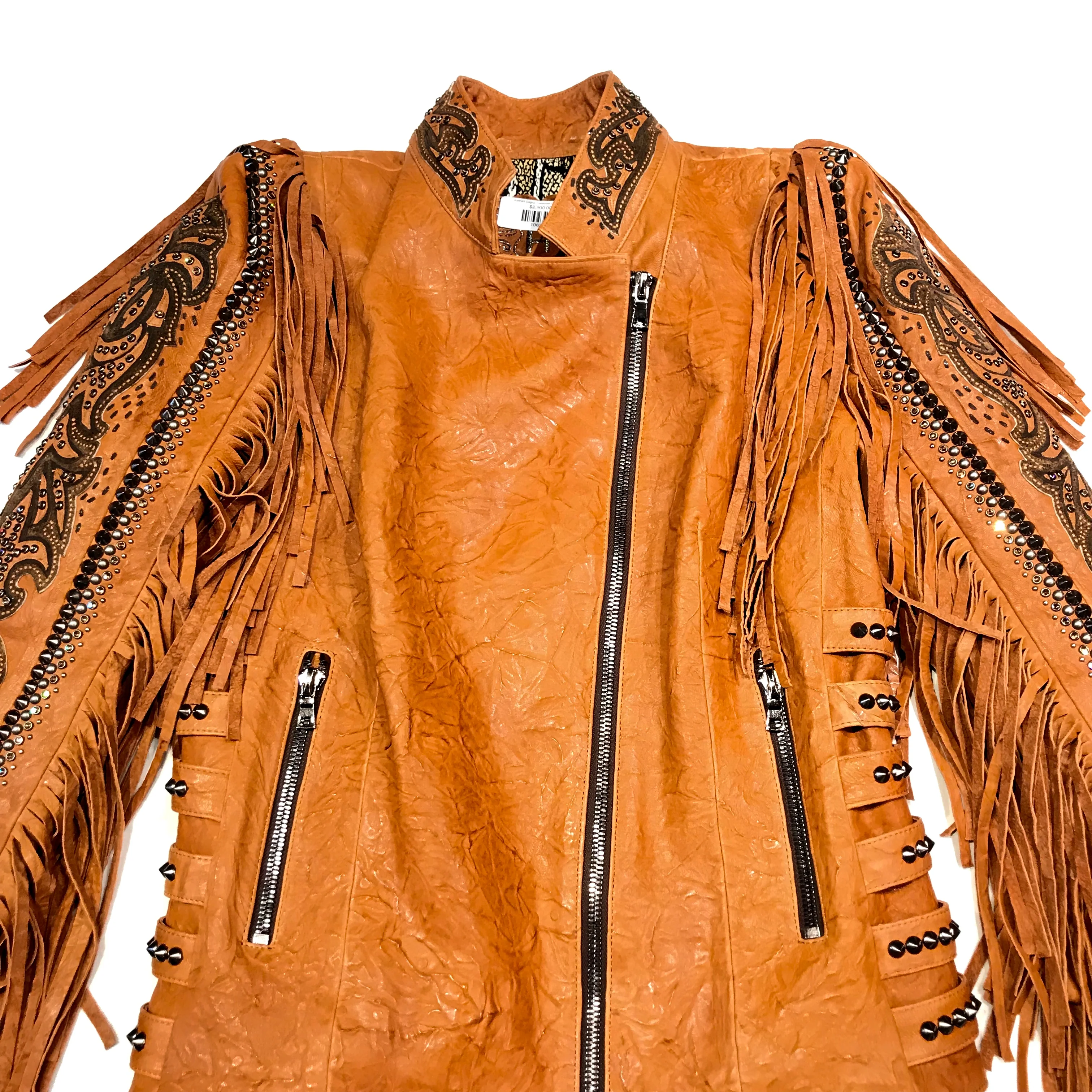 Kashani Cognac Swarovski Crystal Lambskin Studded Fringe Jacket - Image 3