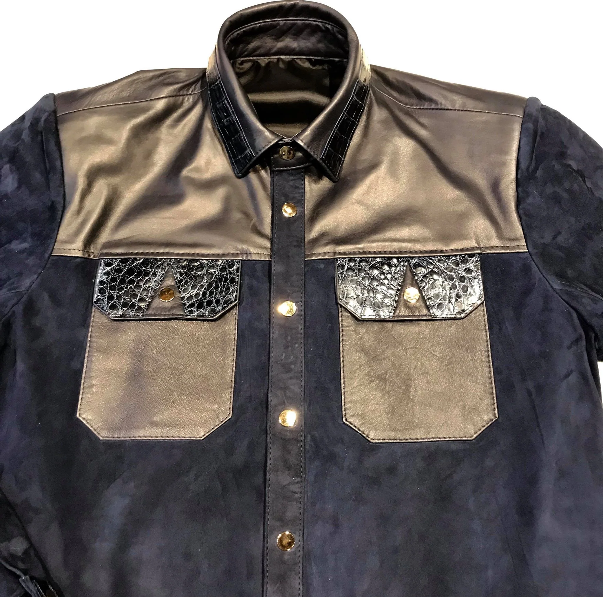 Kashani Deep Navy Crocodile Suede Button Up Shirt - Image 5