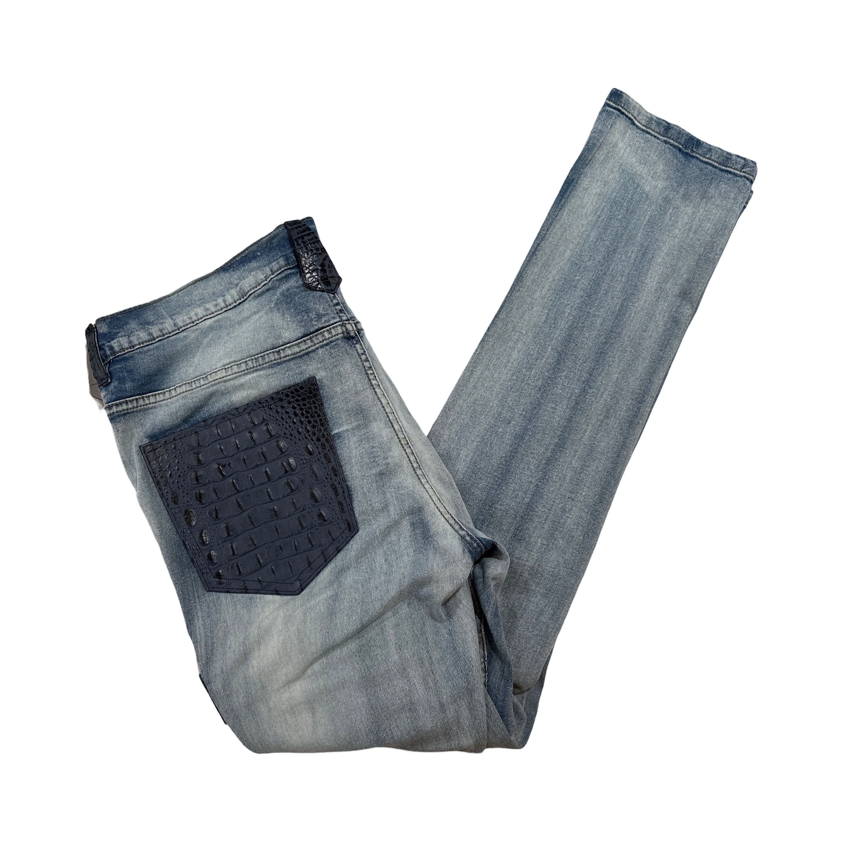 Kashani Denim Cargo Jeans w/ Navy Alligator Embossed Pockets - Image 4