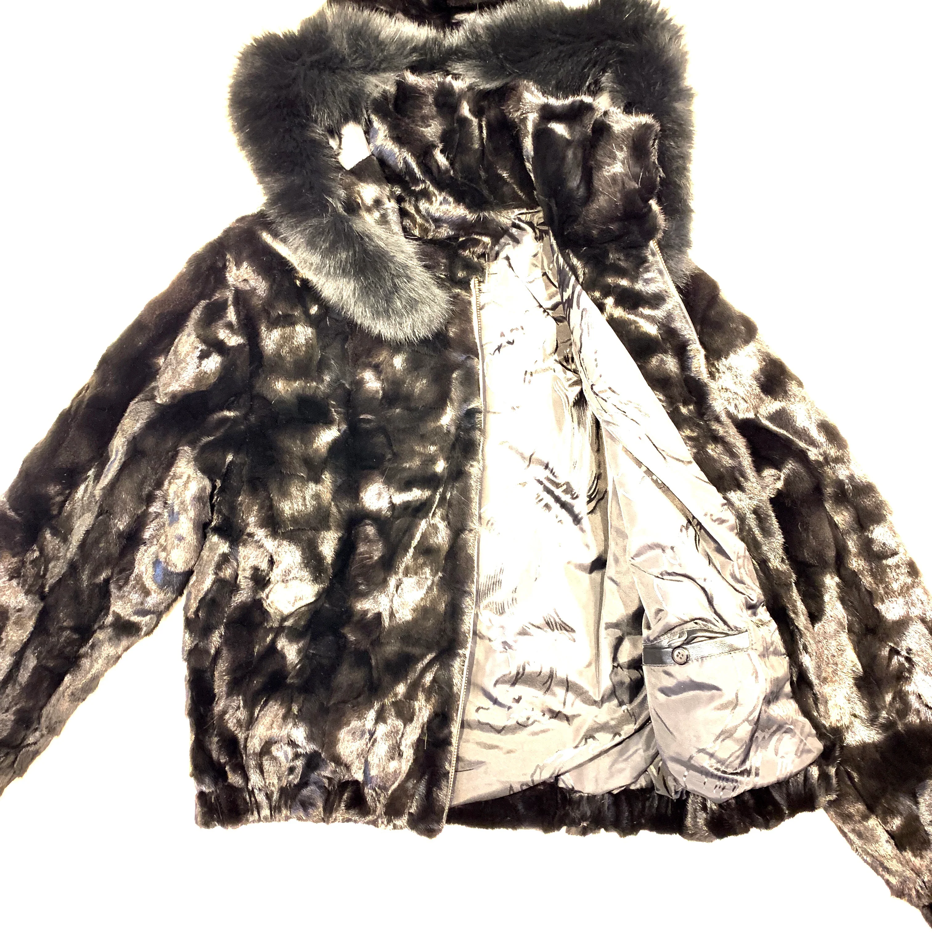 Kashani Ladies Black Diamond Cut Mink Hooded Bomber Jacket - Image 5