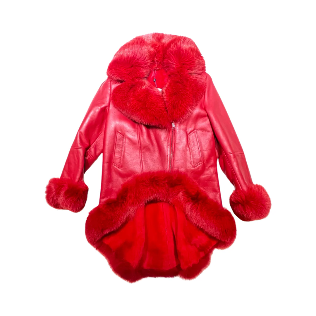 Kashani Ladies Red Fox Cropped Long Trench Shearling Coat - Image 3