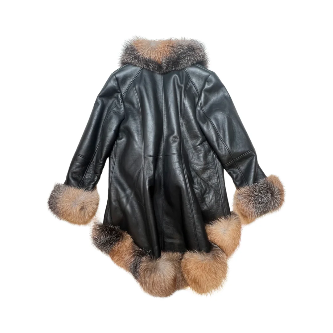 Kashani Ladies Natural Red Fox Cropped Long Trench Shearling Coat - Image 2