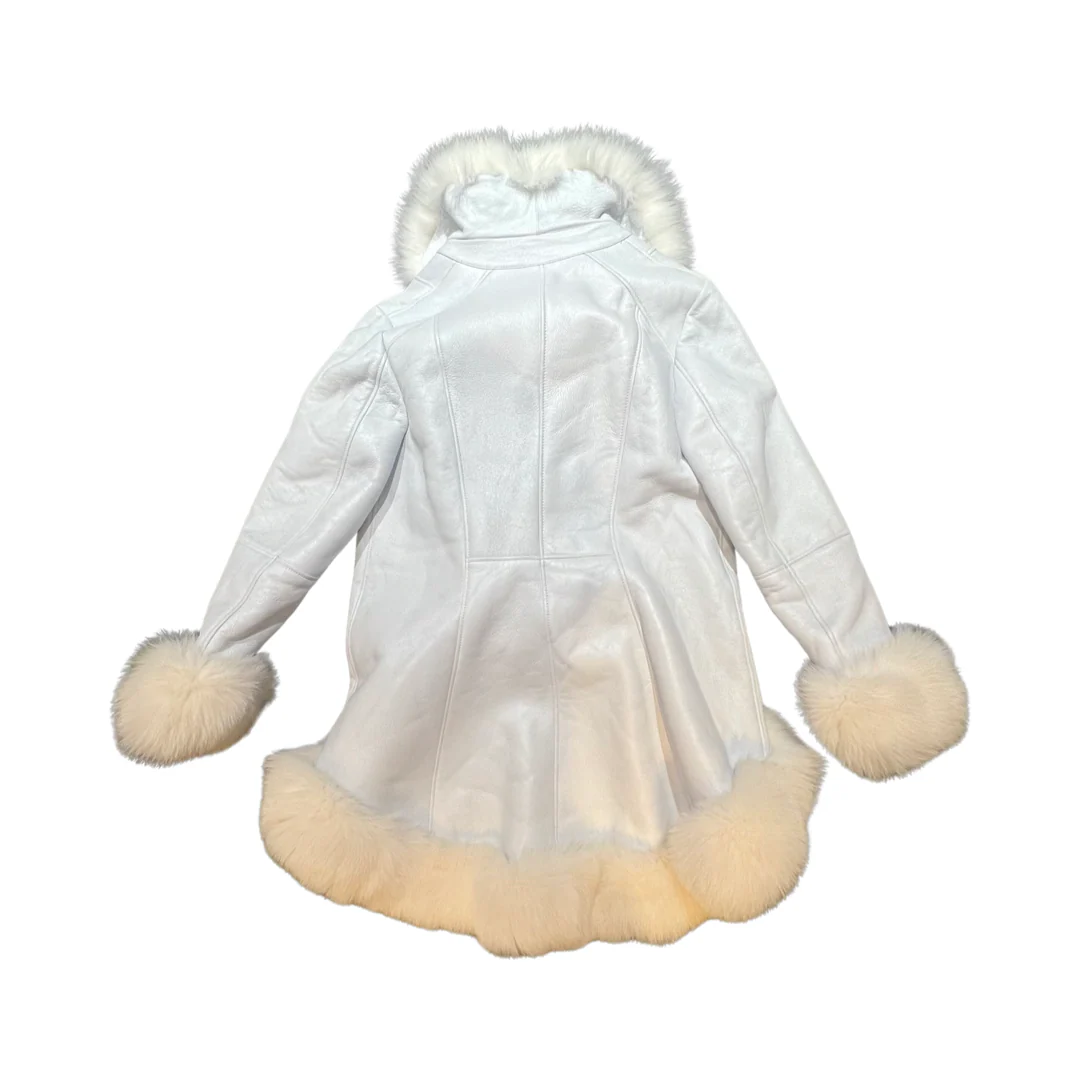 Kashani Ladies White Fox Cropped Long Trench Shearling Coat - Image 2