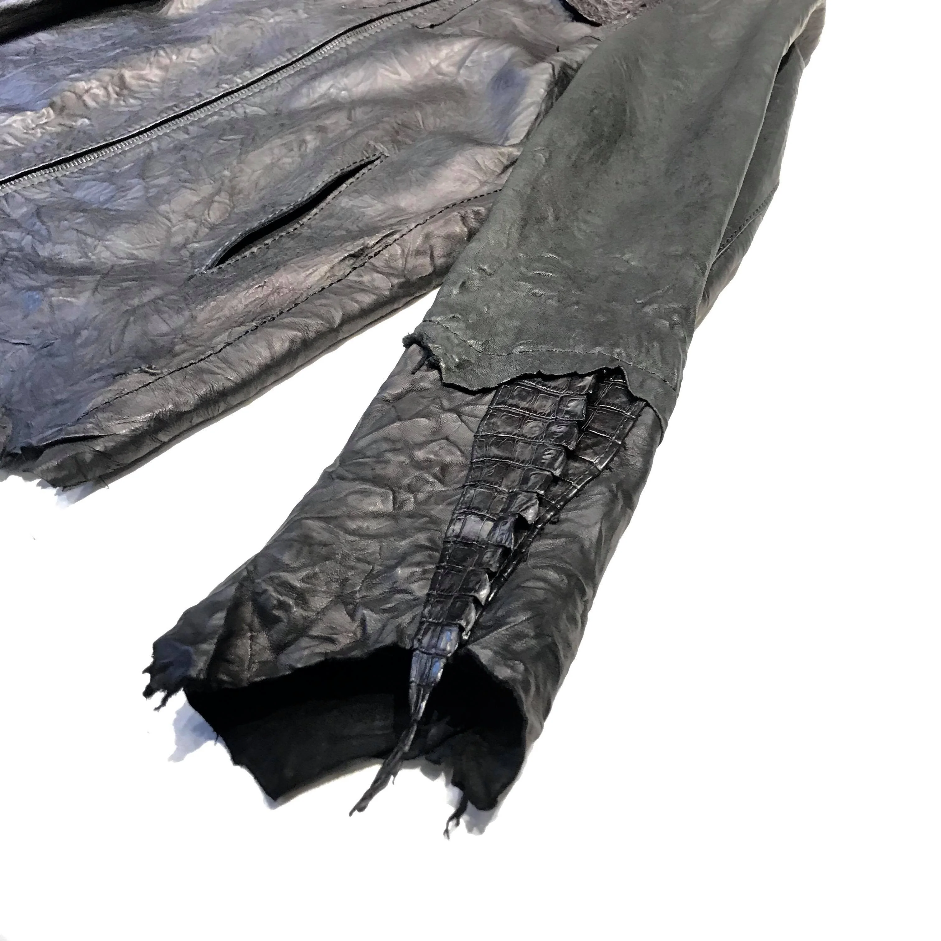 Kashani LUX Jet Black Raw Cut Alligator Lambskin Bomber Jacket - Image 6