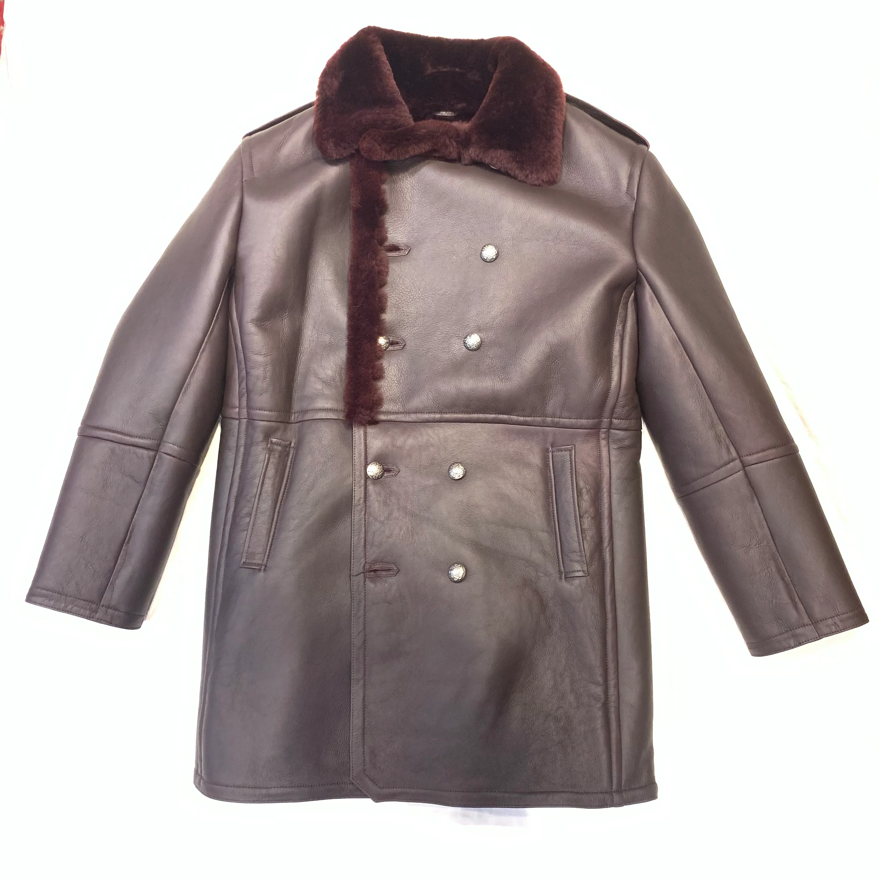 Kashani Men's Burgundy Double-Breasted  3/4 Shearling Coat - Image 4