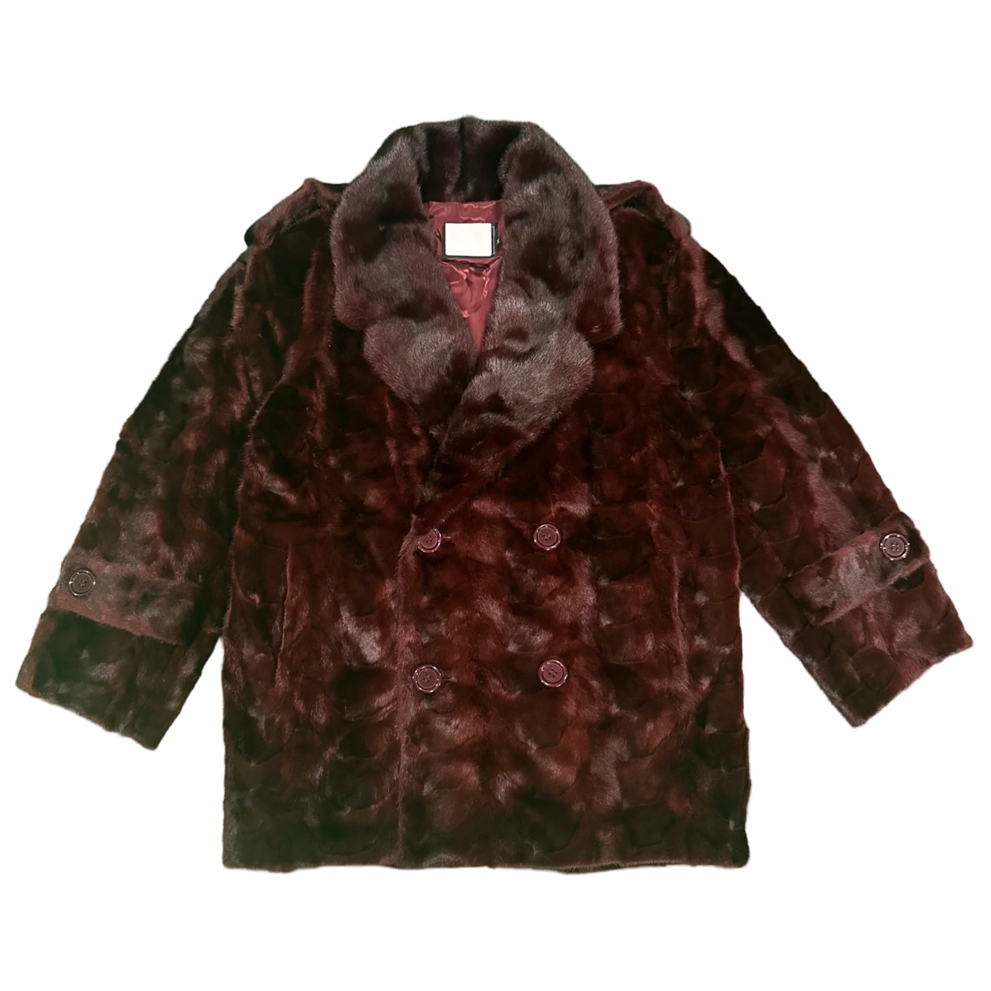 Kashani Men's Burgundy Full Mink Fur 3/4 Double Breasted Coat - Image 2