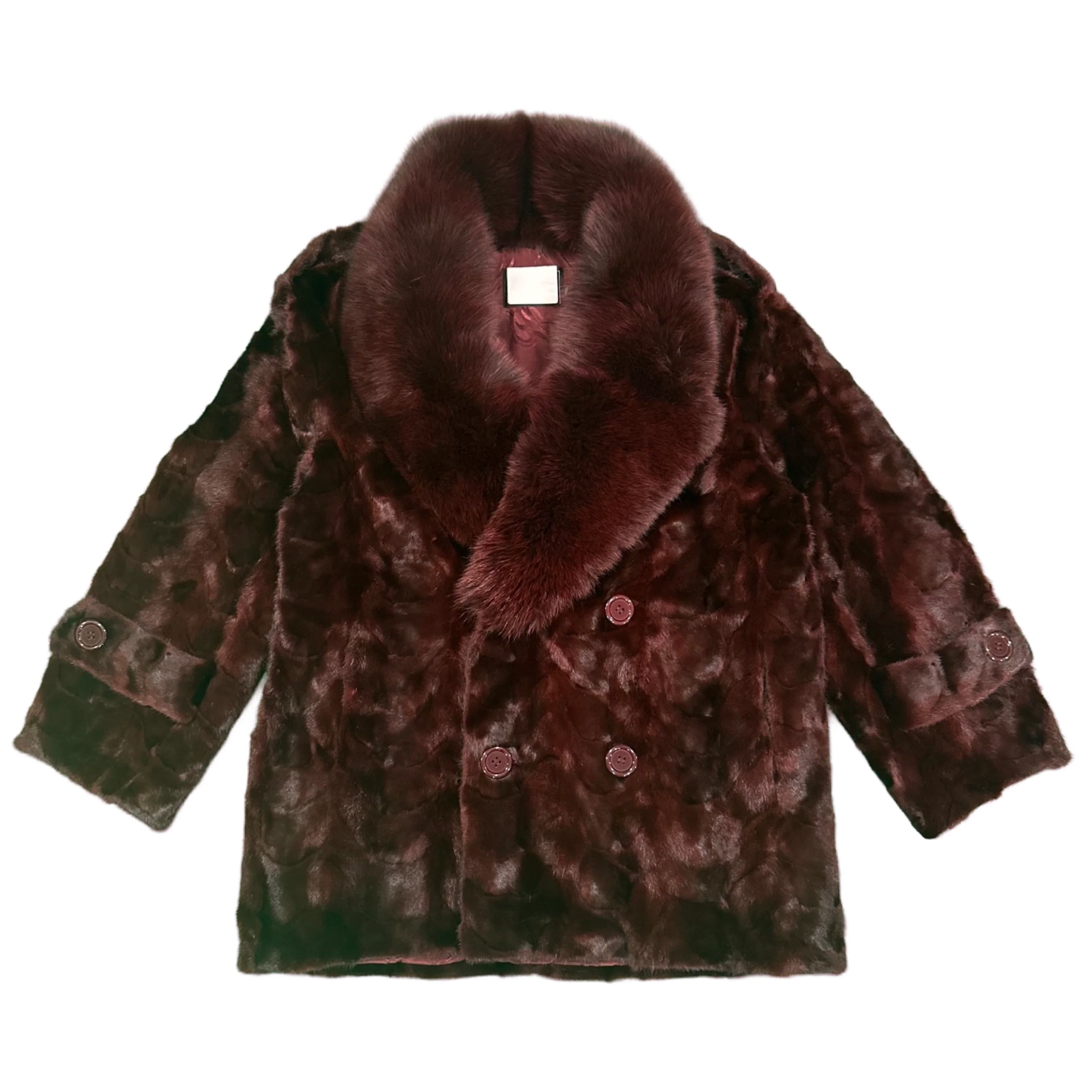 Kashani Men's Burgundy Full Mink Fur 3/4 Double Breasted Coat w/ Fox Collar - Image 2