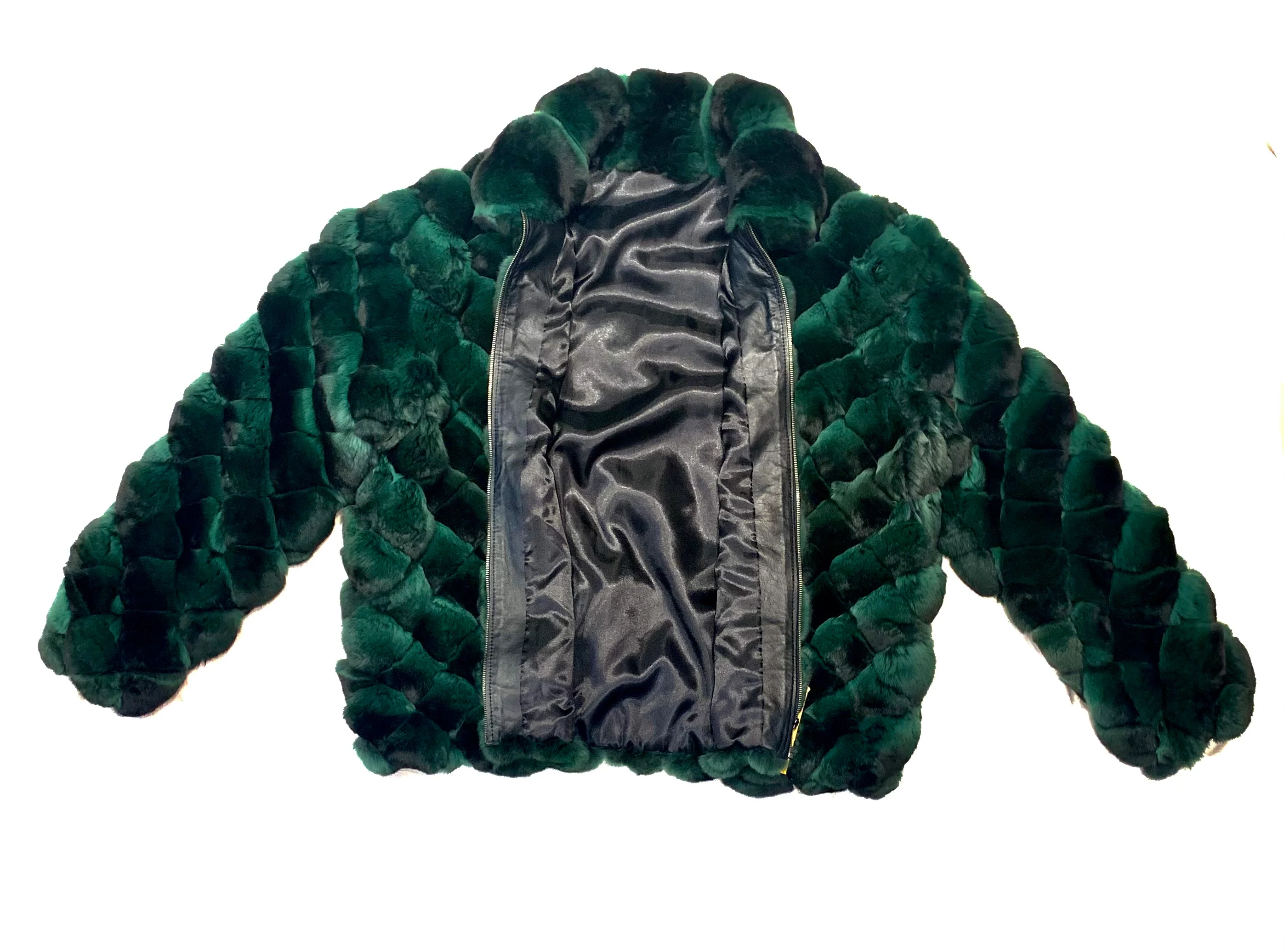 Kashani Men's Forest Green Diamond Cut Full Chinchilla Coat - Image 3