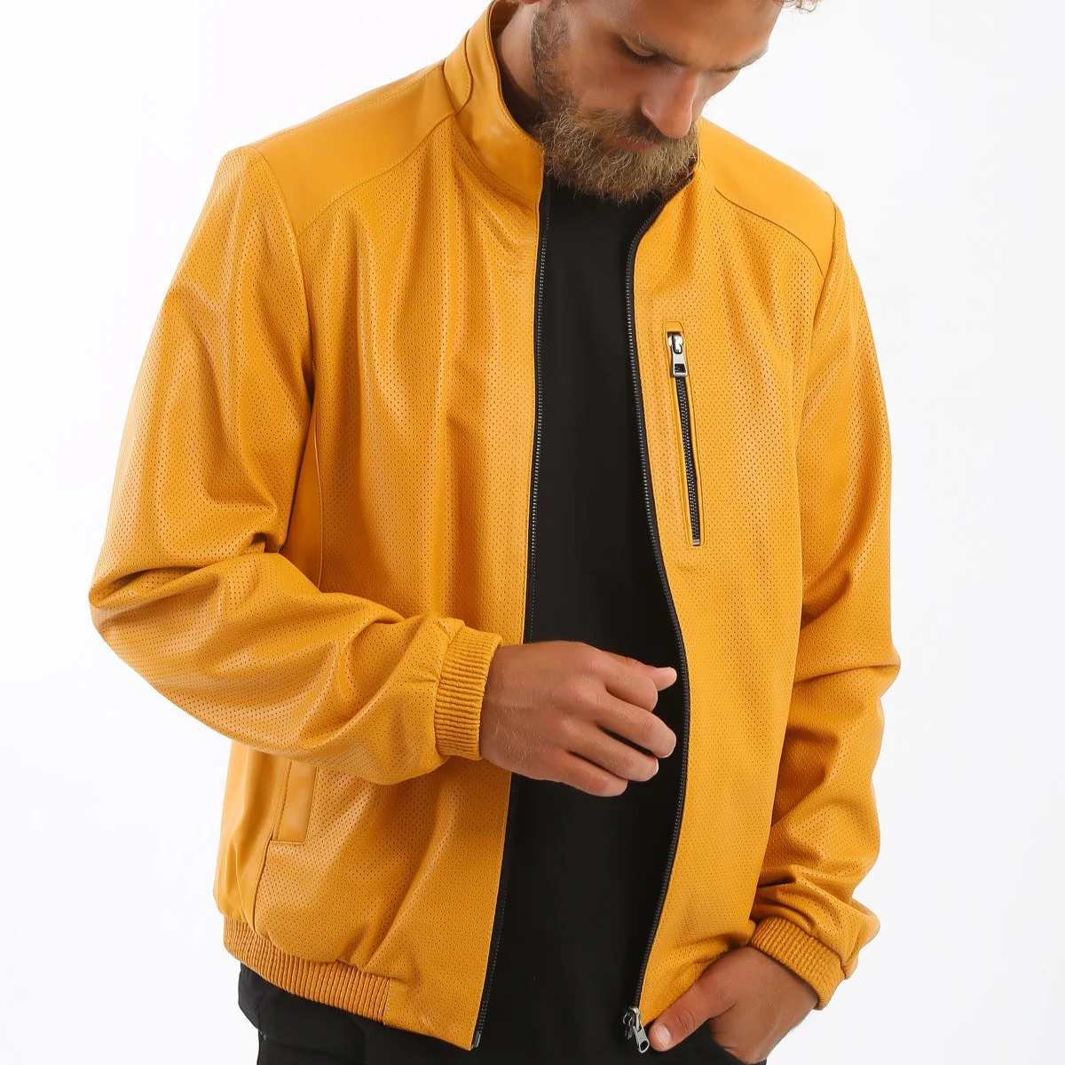 Kashani Men's Mustard Yellow Perforated Leather Reversible Bomber Jacket - Image 3