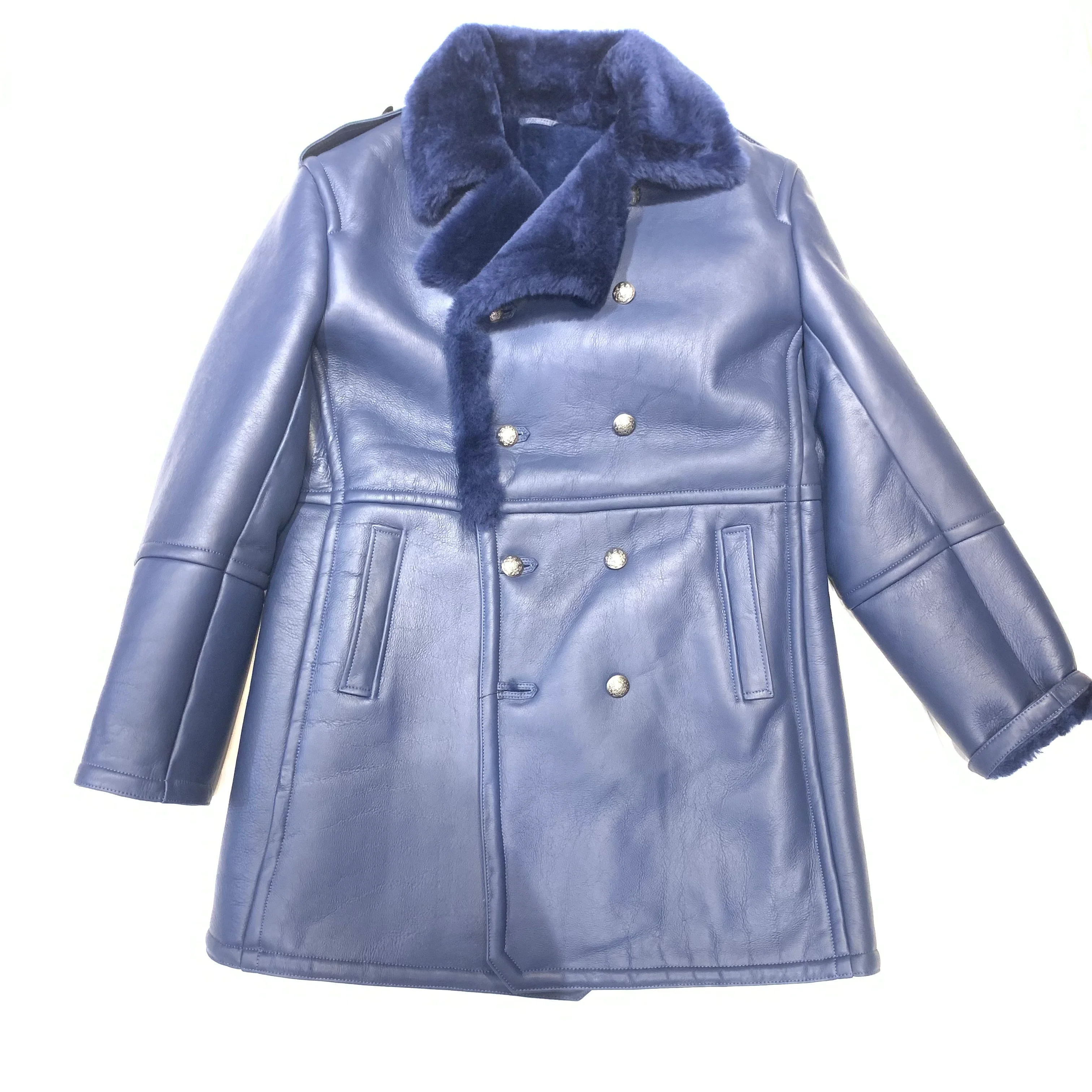 Kashani Men's Navy Blue Double-Breasted  3/4 Shearling Coat - Image 5