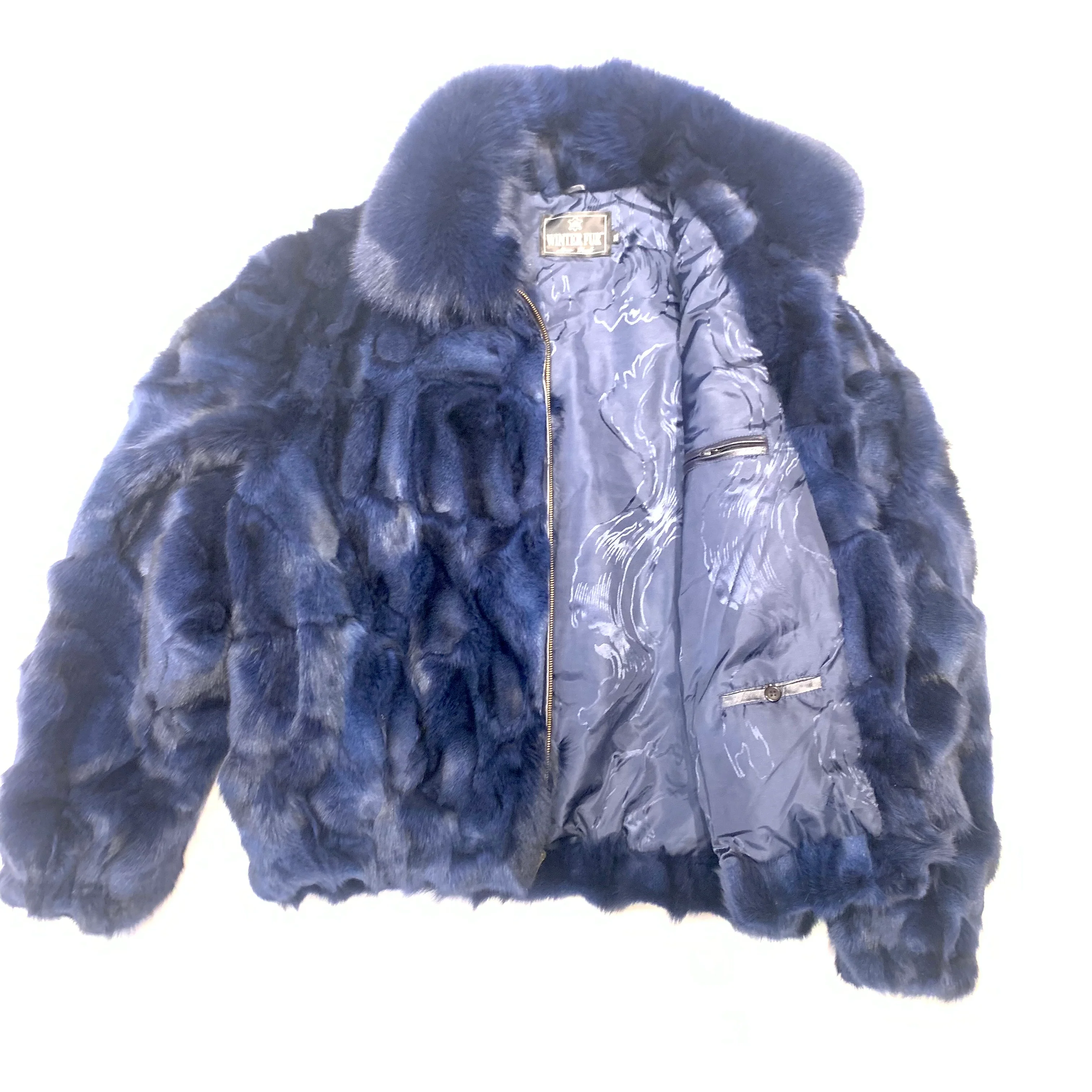 Kashani Men's Navy Full Fox Fur Bomber Coat - Image 4