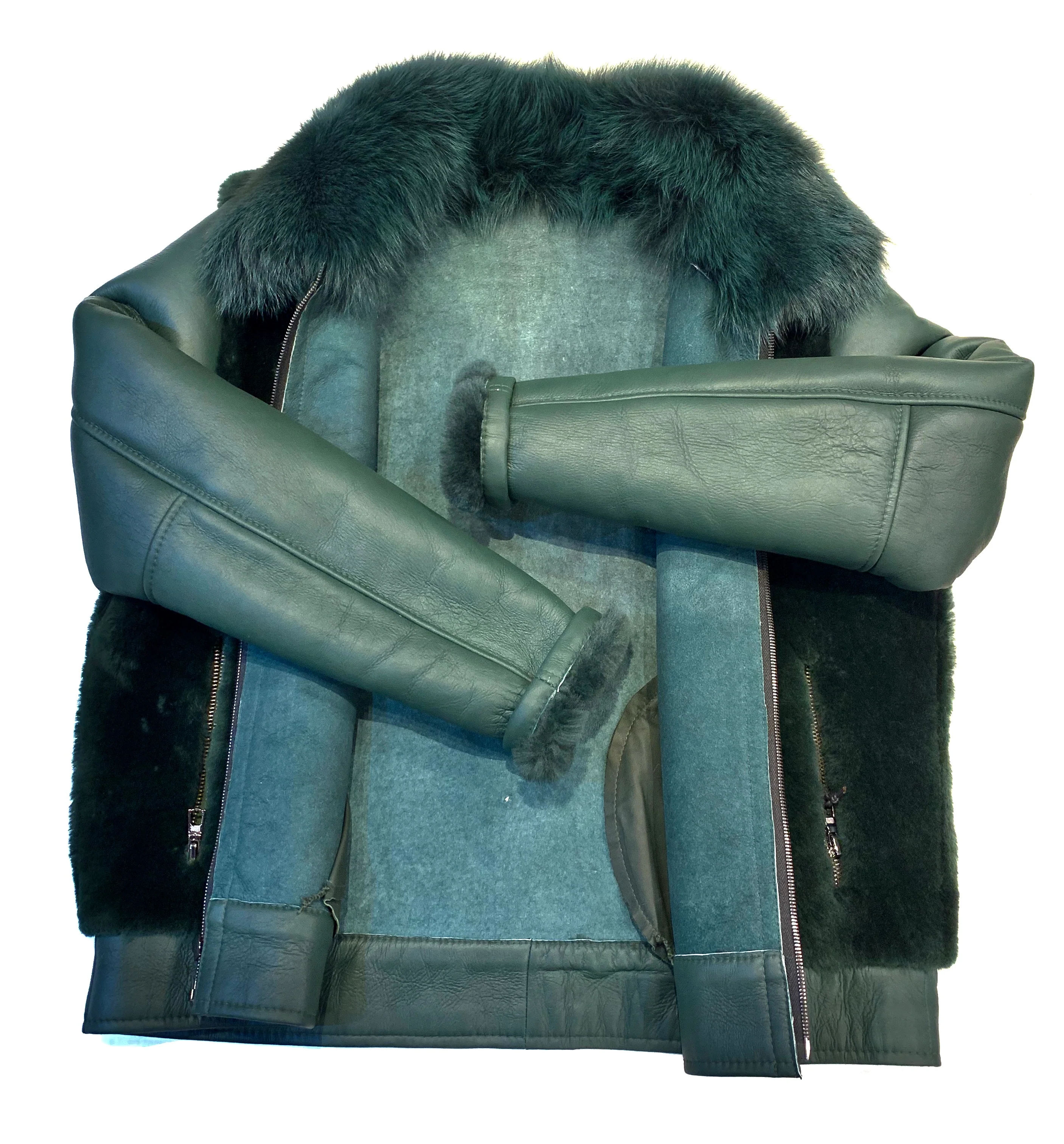 Kashani Men's Olive Green Fox Collar Shearling Bomber Jacket - Image 4
