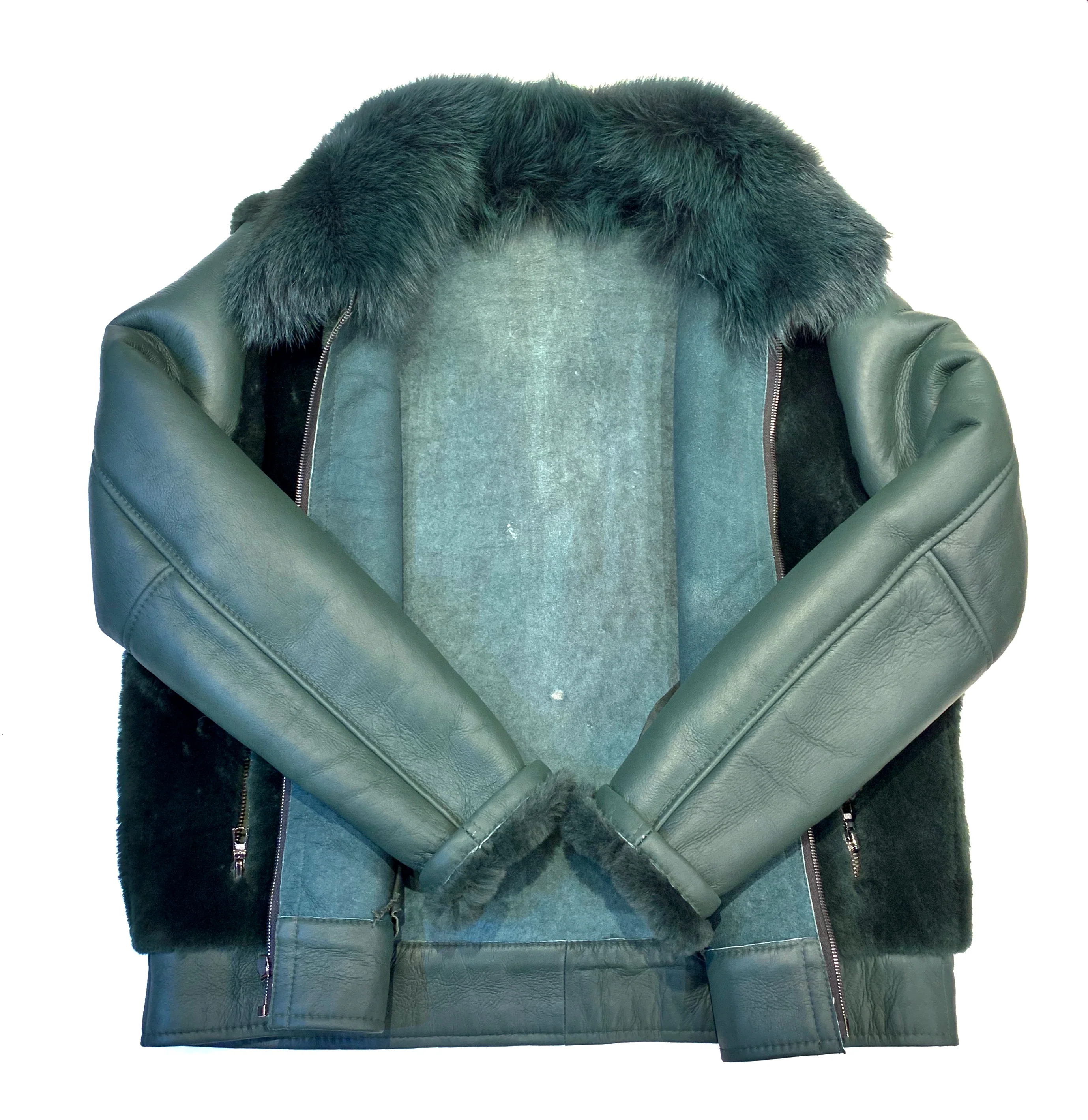 Kashani Men's Olive Green Fox Collar Shearling Bomber Jacket - Image 7