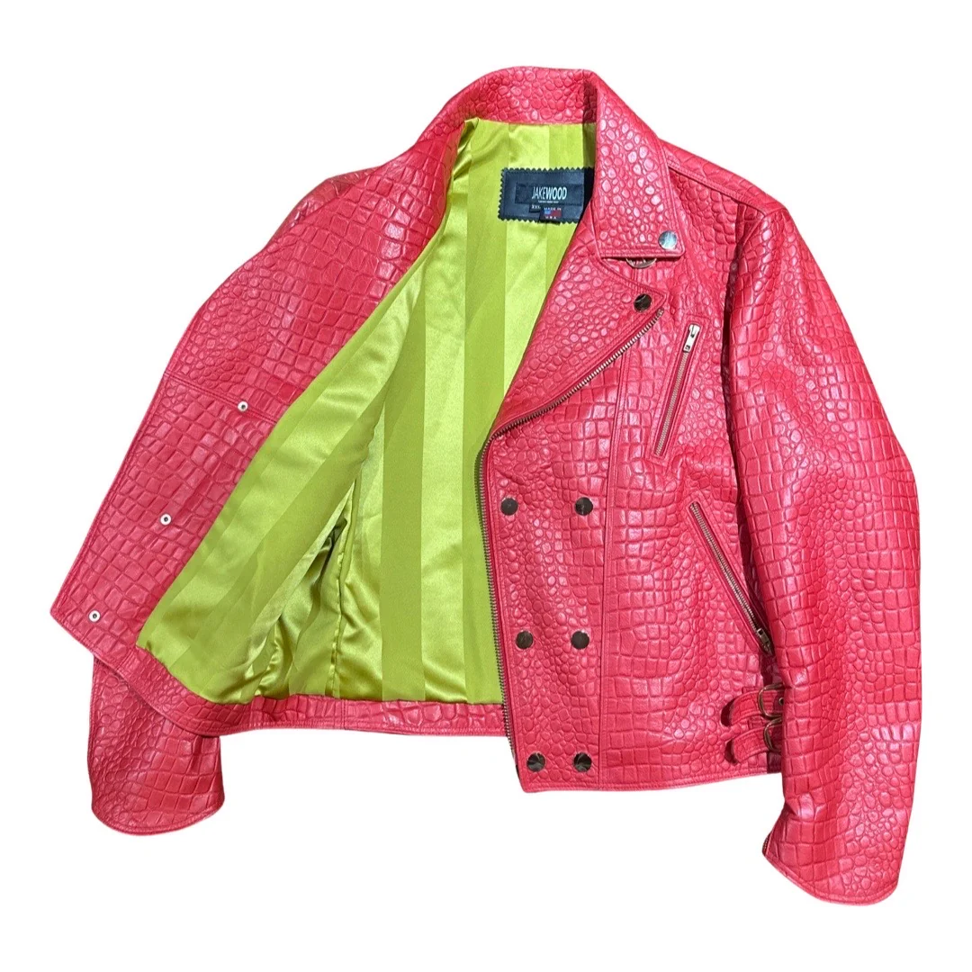 Kashani Men's Red Embossed  Alligator Biker Jacket - Image 2