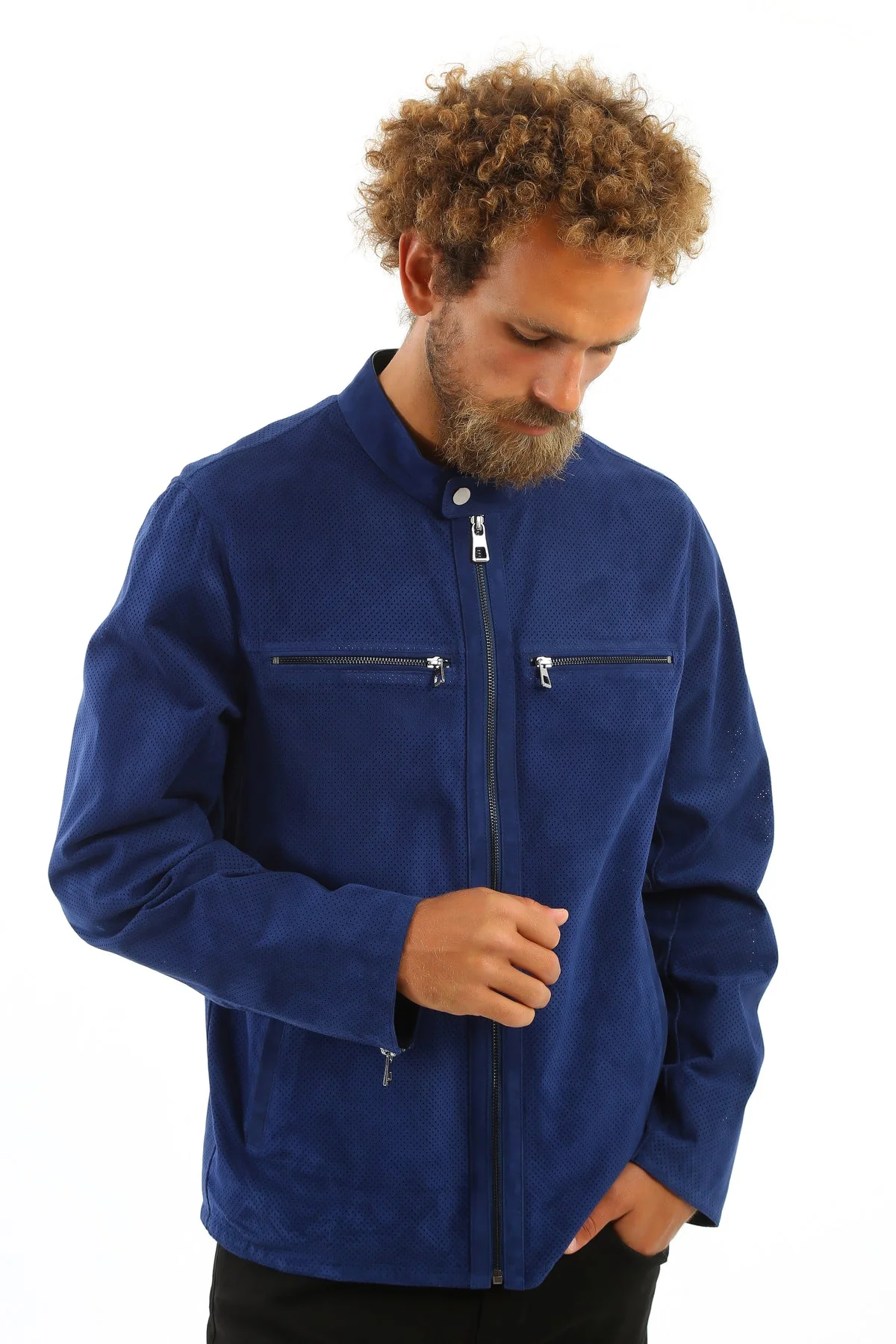 Kashani Men's Royal Blue Perforated Suede Jacket - Image 4