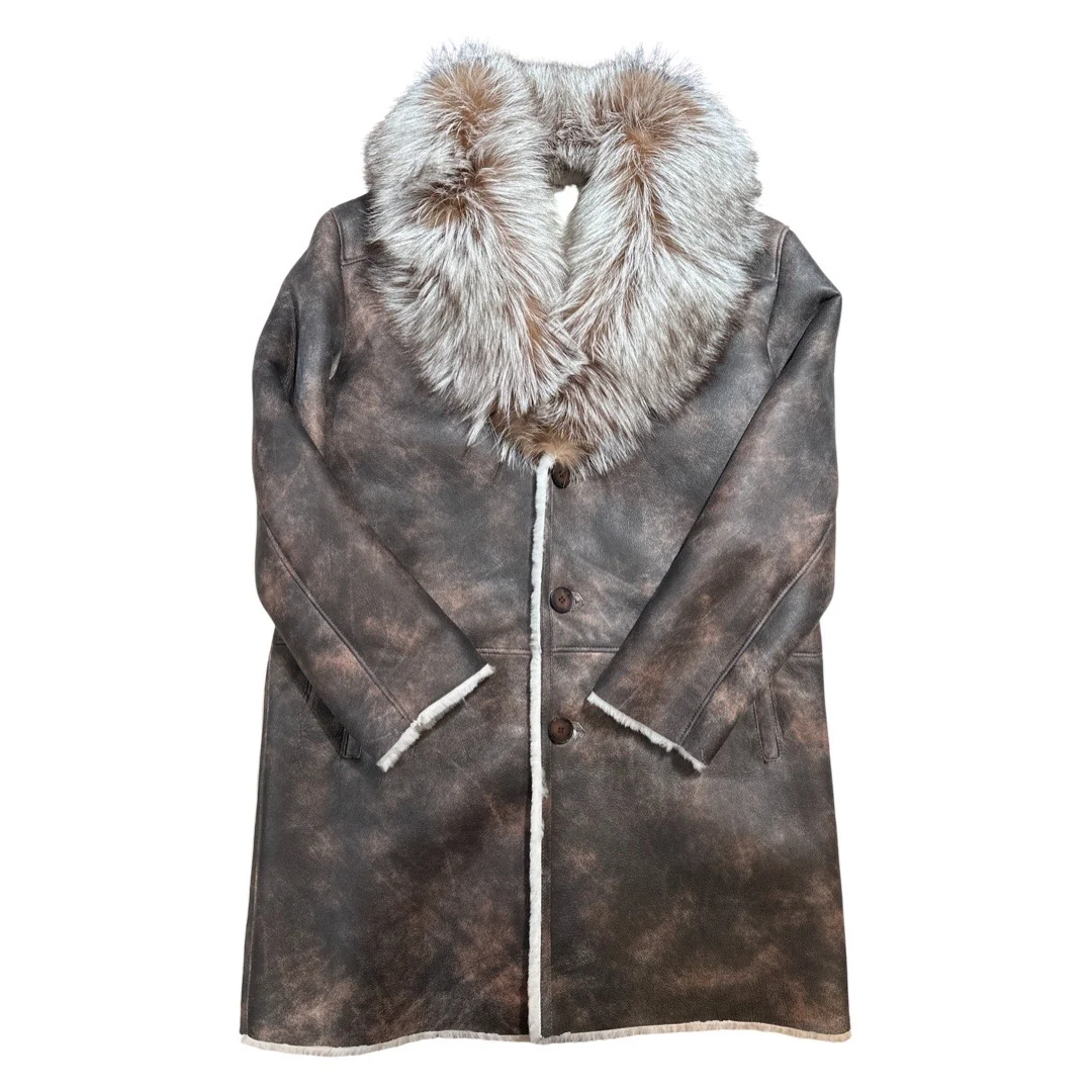 Kashani Men's Silver Fox Fur Full Length Shearling Trench Coat - Image 4