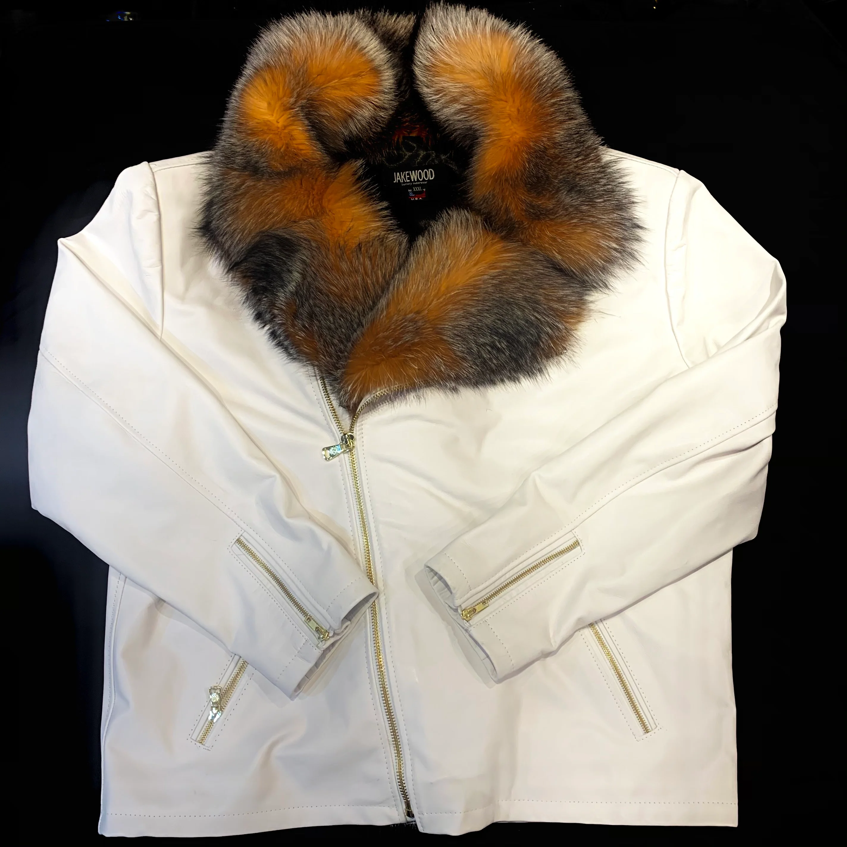 Kashani Men's White Lambskin Red Fox Collar Biker Jacket - Image 2
