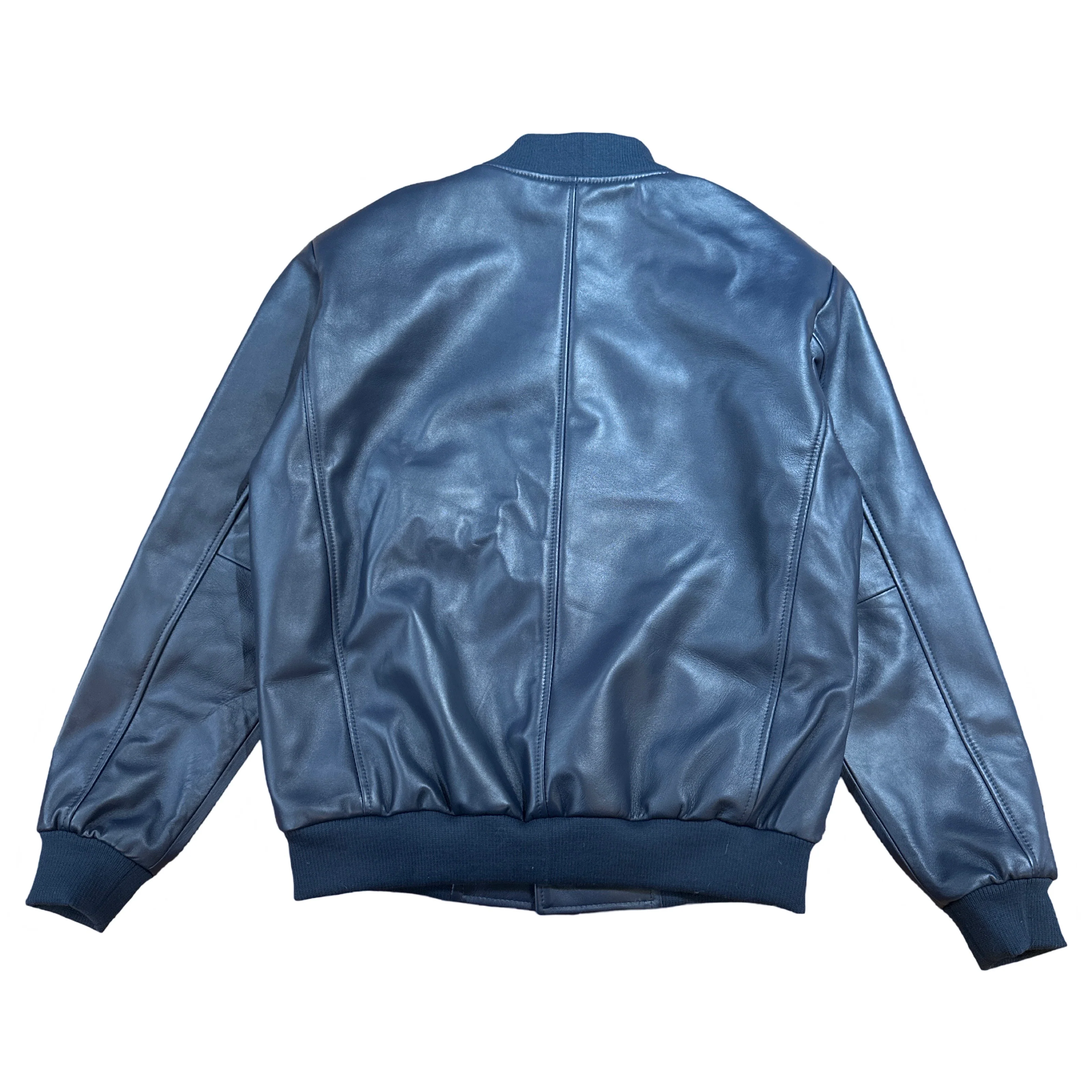 Kashani Navy Blue Persian Lamb Leather Bomber Jacket - Image 4