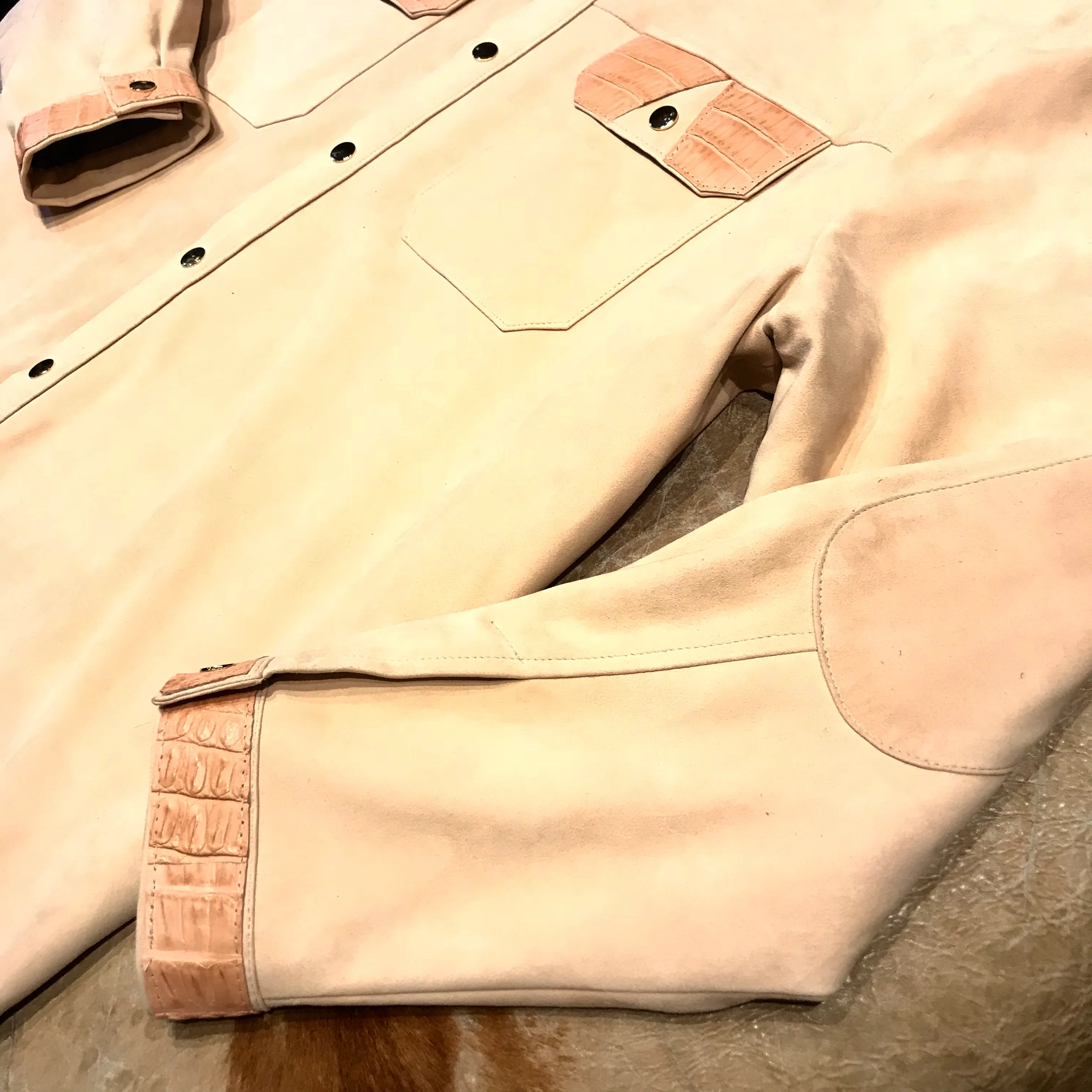 Kashani Peach Alligator Suede Leather Shirt - Image 4