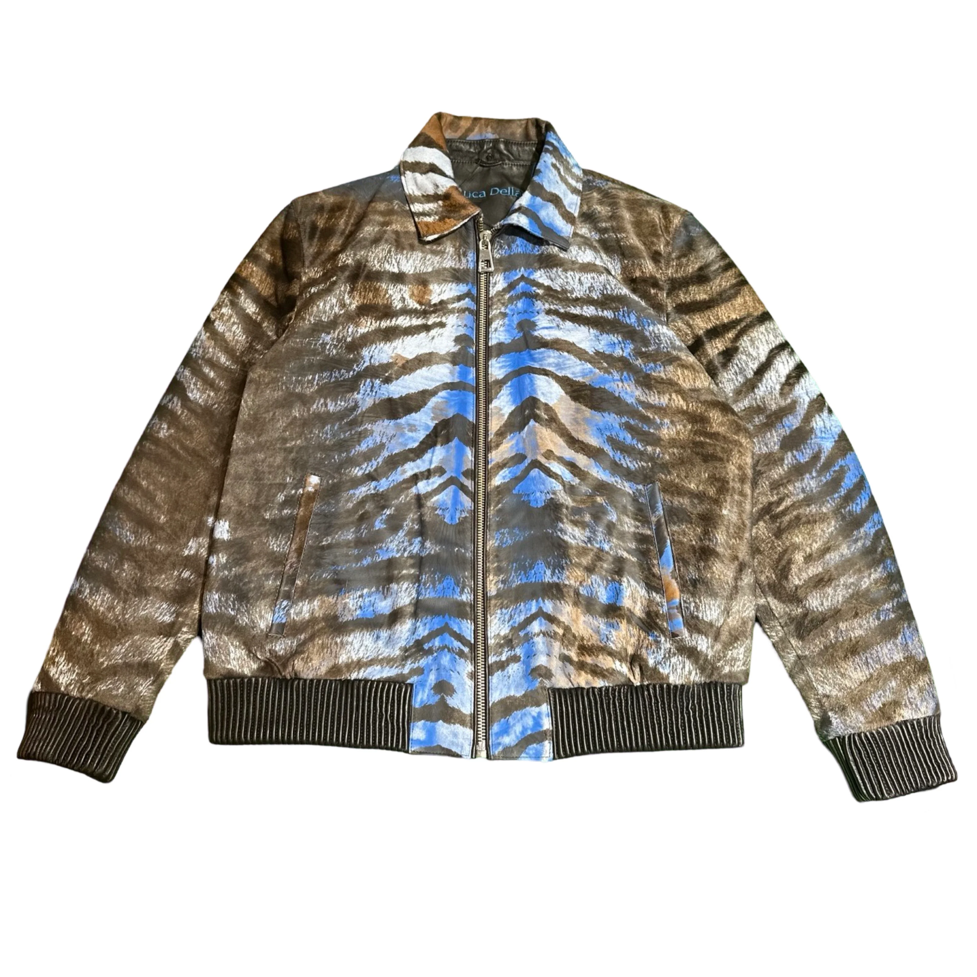 Kashani Royal Blue Pony Hair / Fox Fur Tiger Motif Bomber Jacket - Image 3