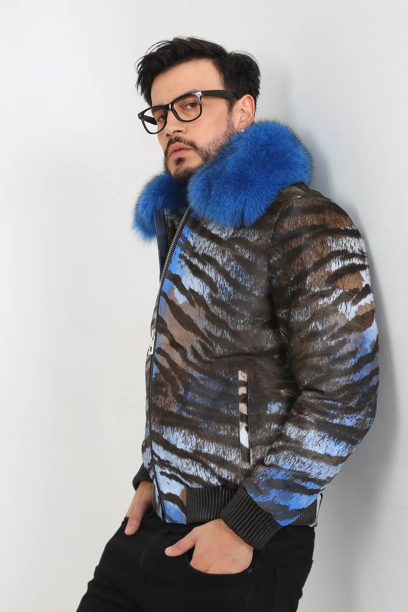 Kashani Royal Blue Pony Hair / Fox Fur Tiger Motif Bomber Jacket - Image 9