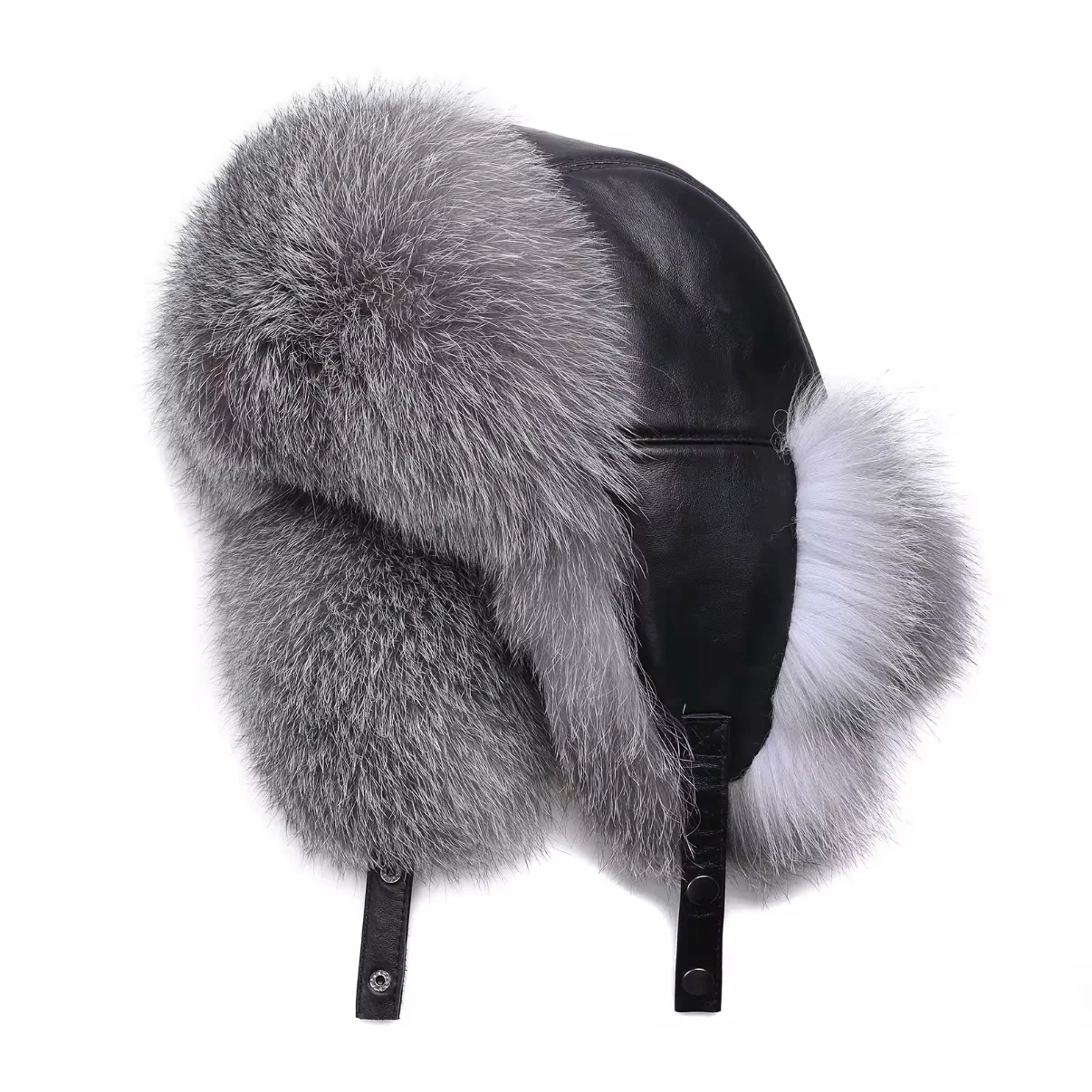 Kashani Silver Fox Fur Oversized Lambskin Trapper Hat - Image 5