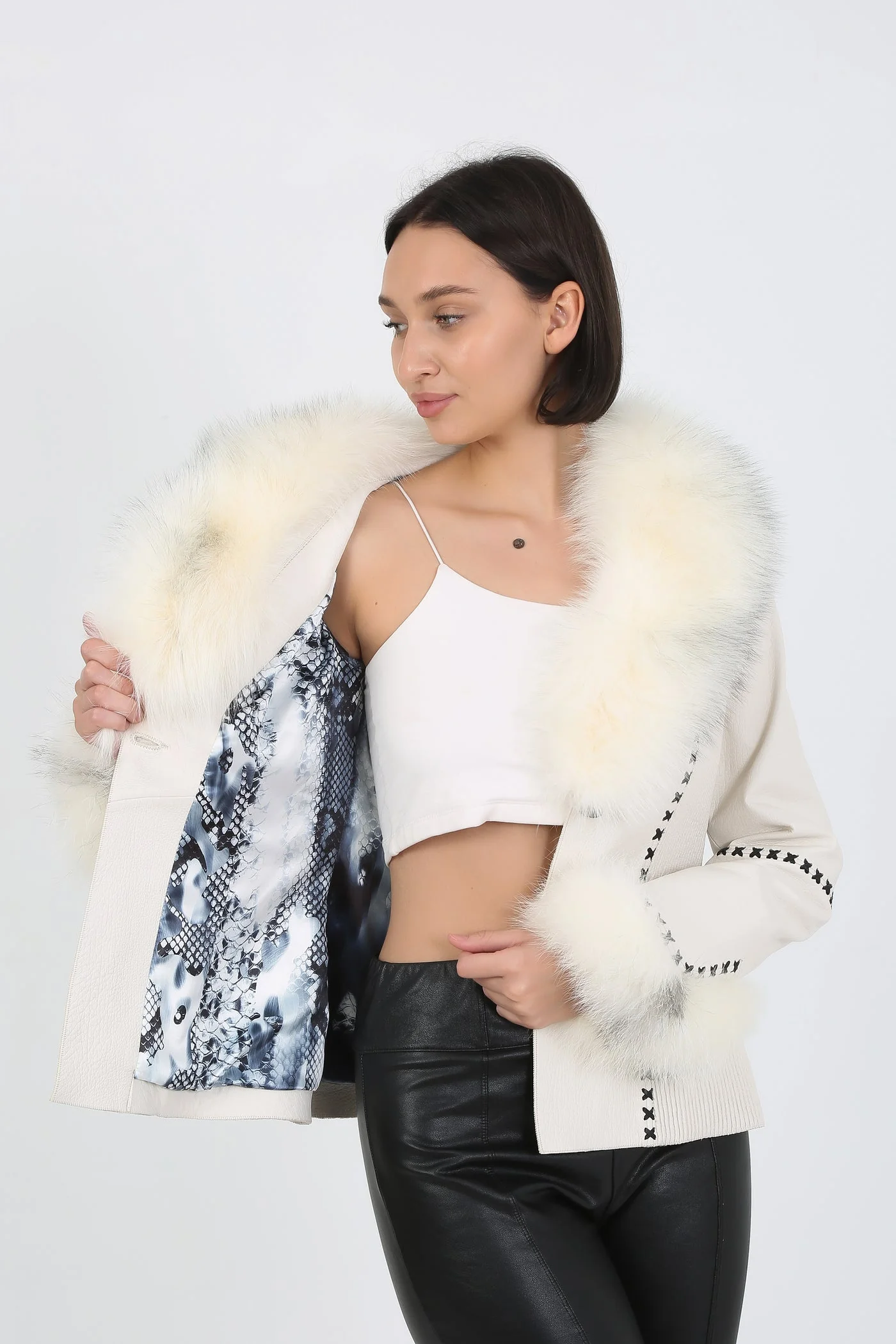 Kashani White Leather Jacket with Fox Fur Collar & Cuffs - Image 6