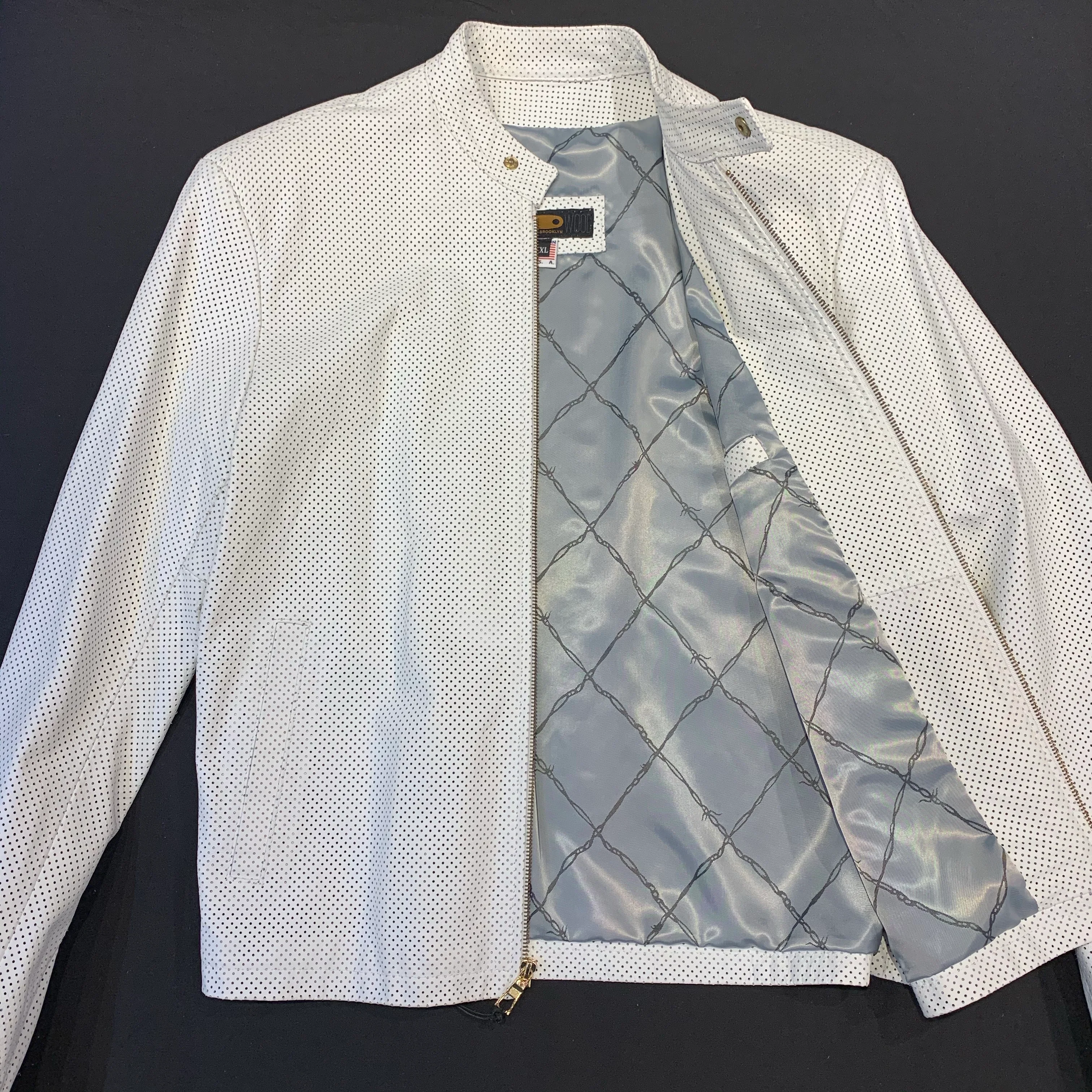 Kashani White Perforated Lambskin Chinese Collar Biker Jacket - Image 4