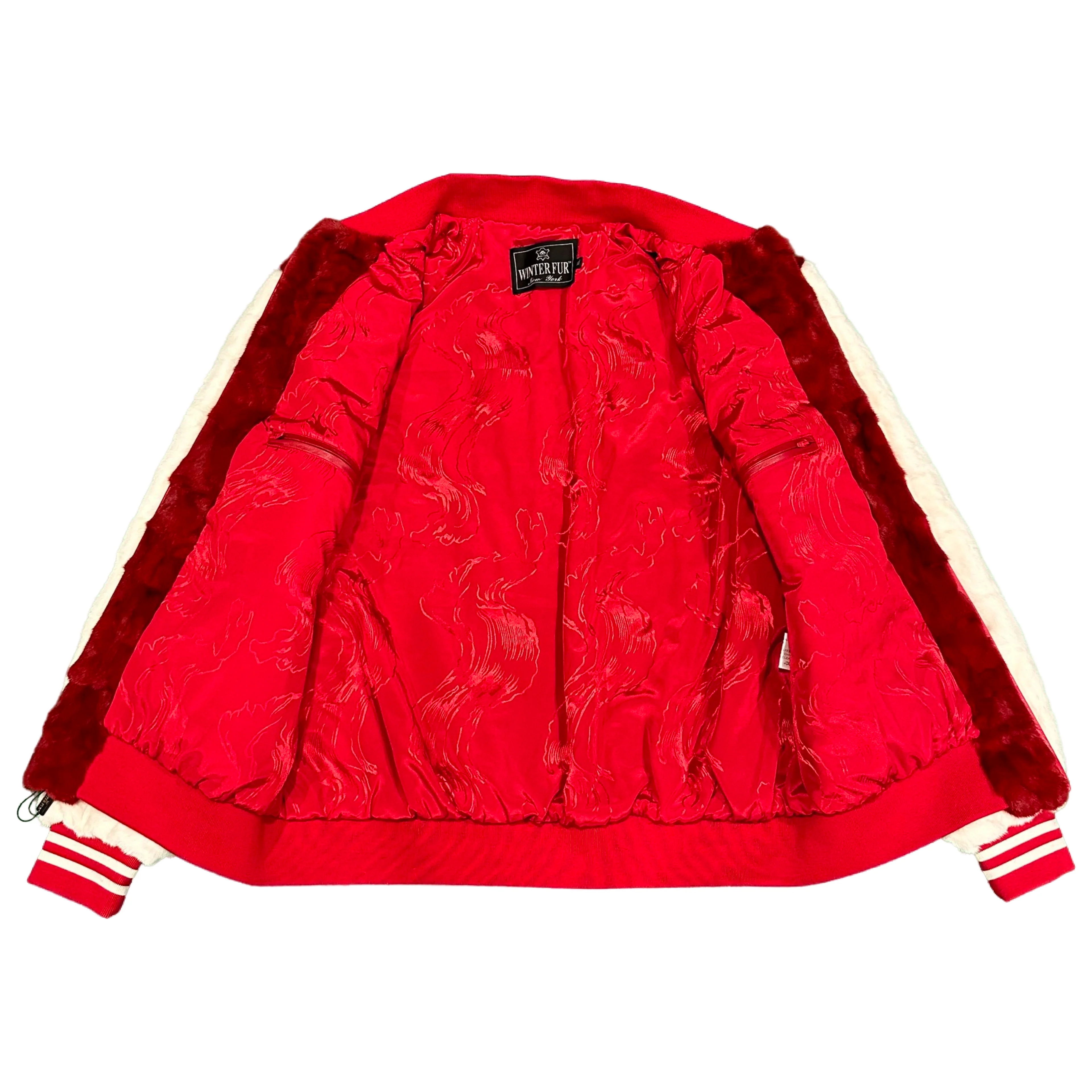 Kashani White/Red Diamond Cut Mink Fur Bomber Jacket - Image 3
