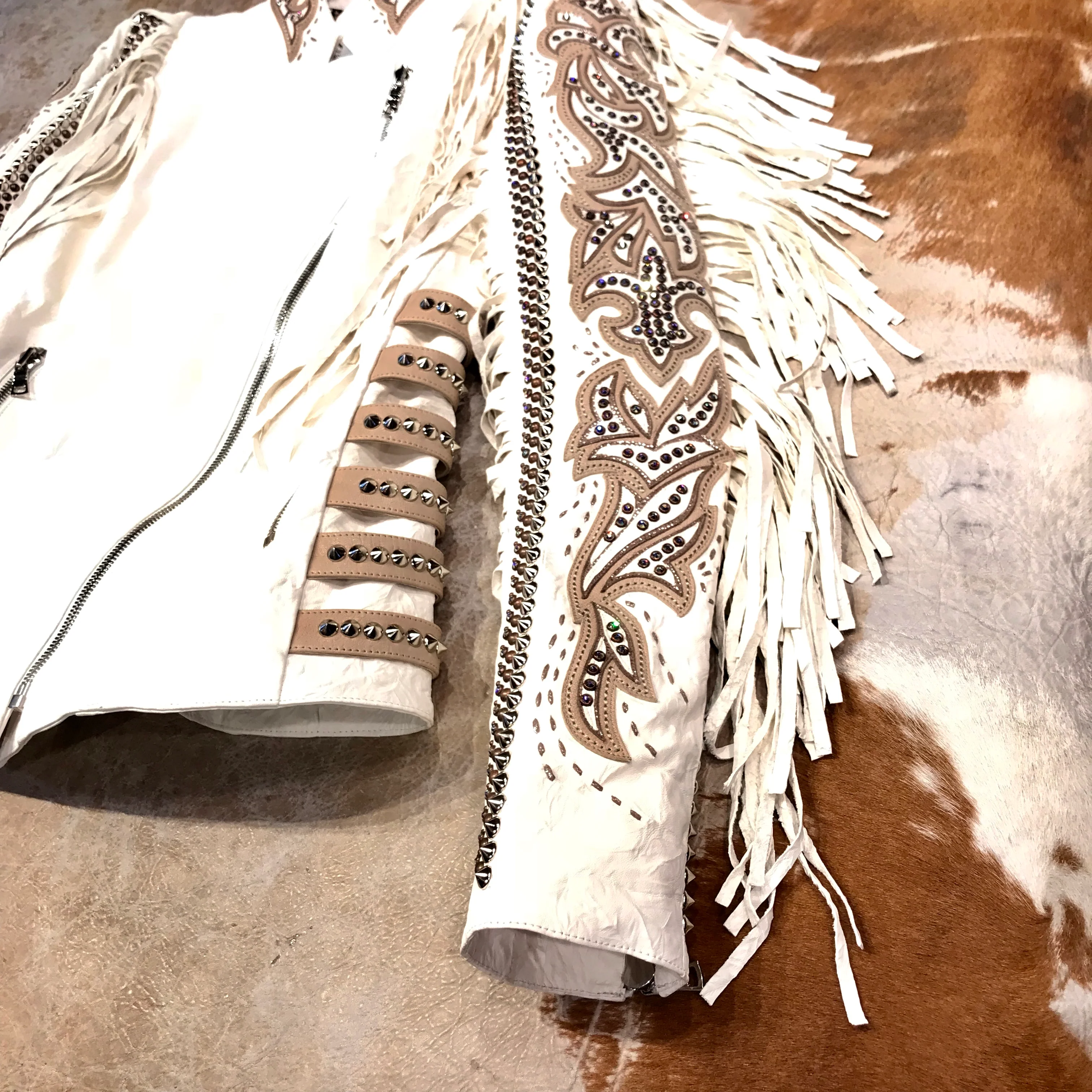 Kashani White Swarovski Crystal Lambskin Studded Fringe Jacket - Image 5
