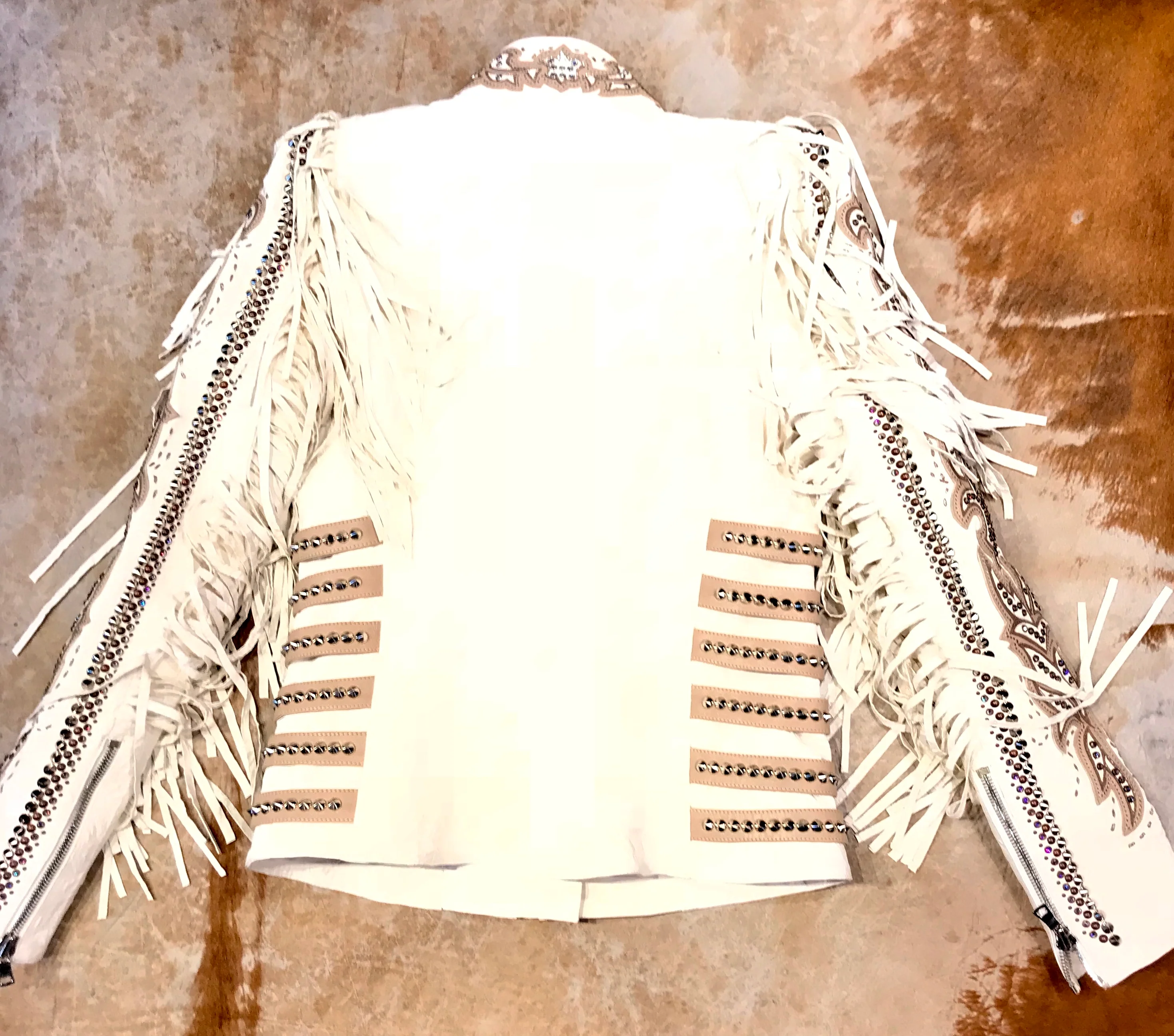 Kashani White Swarovski Crystal Lambskin Studded Fringe Jacket - Image 7