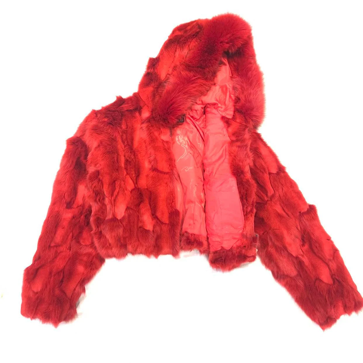 Kashani Ladies Red Hooded Fox Fur Coat - Image 3