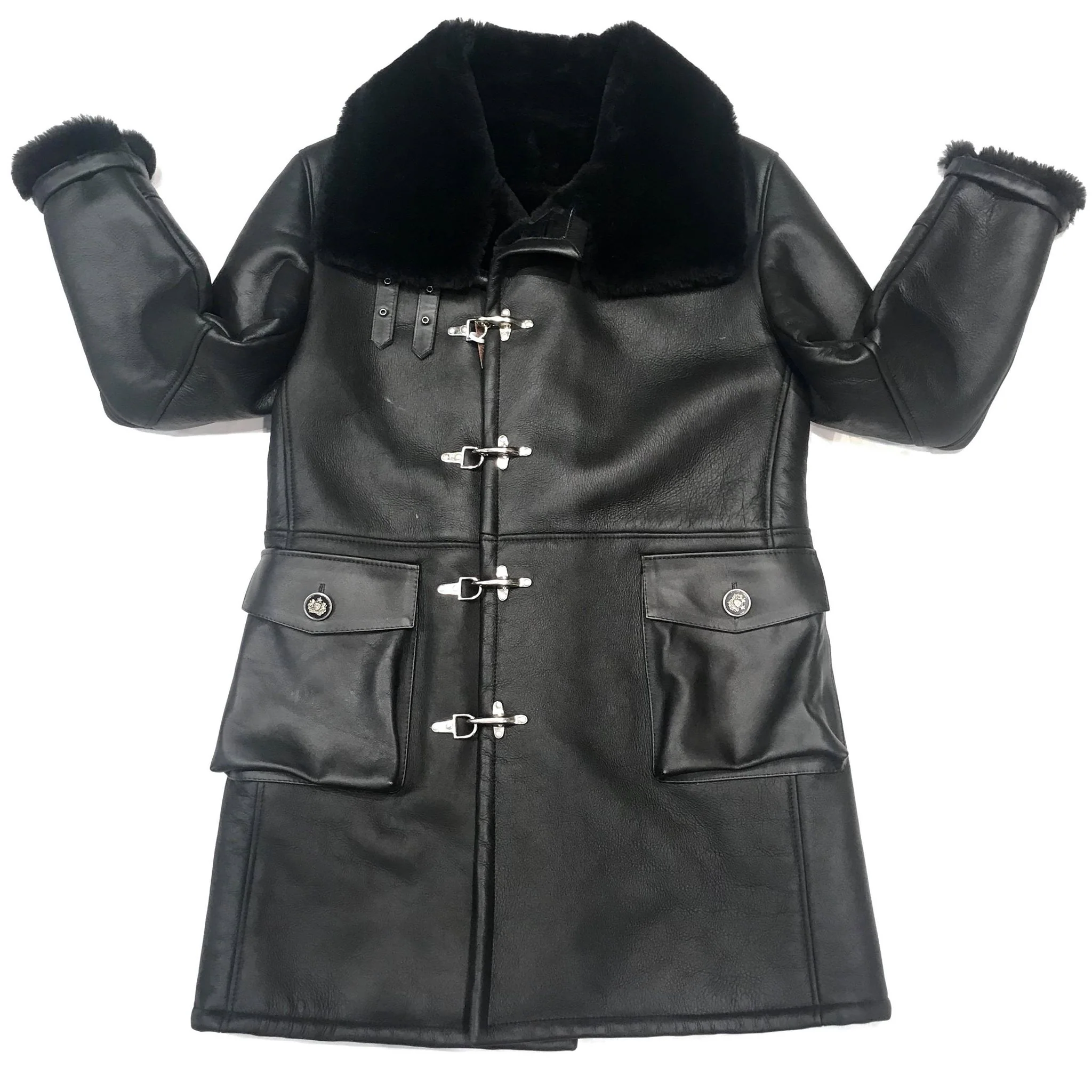 Kashani Black Duffel Long Trench Shearling Coat - Image 3