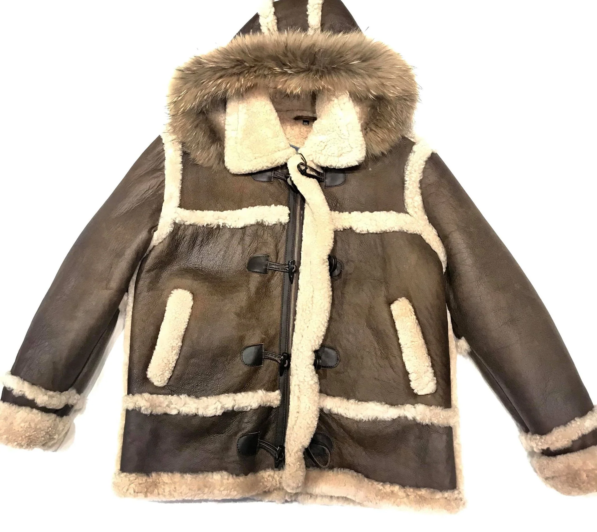 Kashani Deep Chocolate Duffel Fox Hooded Long Shearling Jacket - Image 2