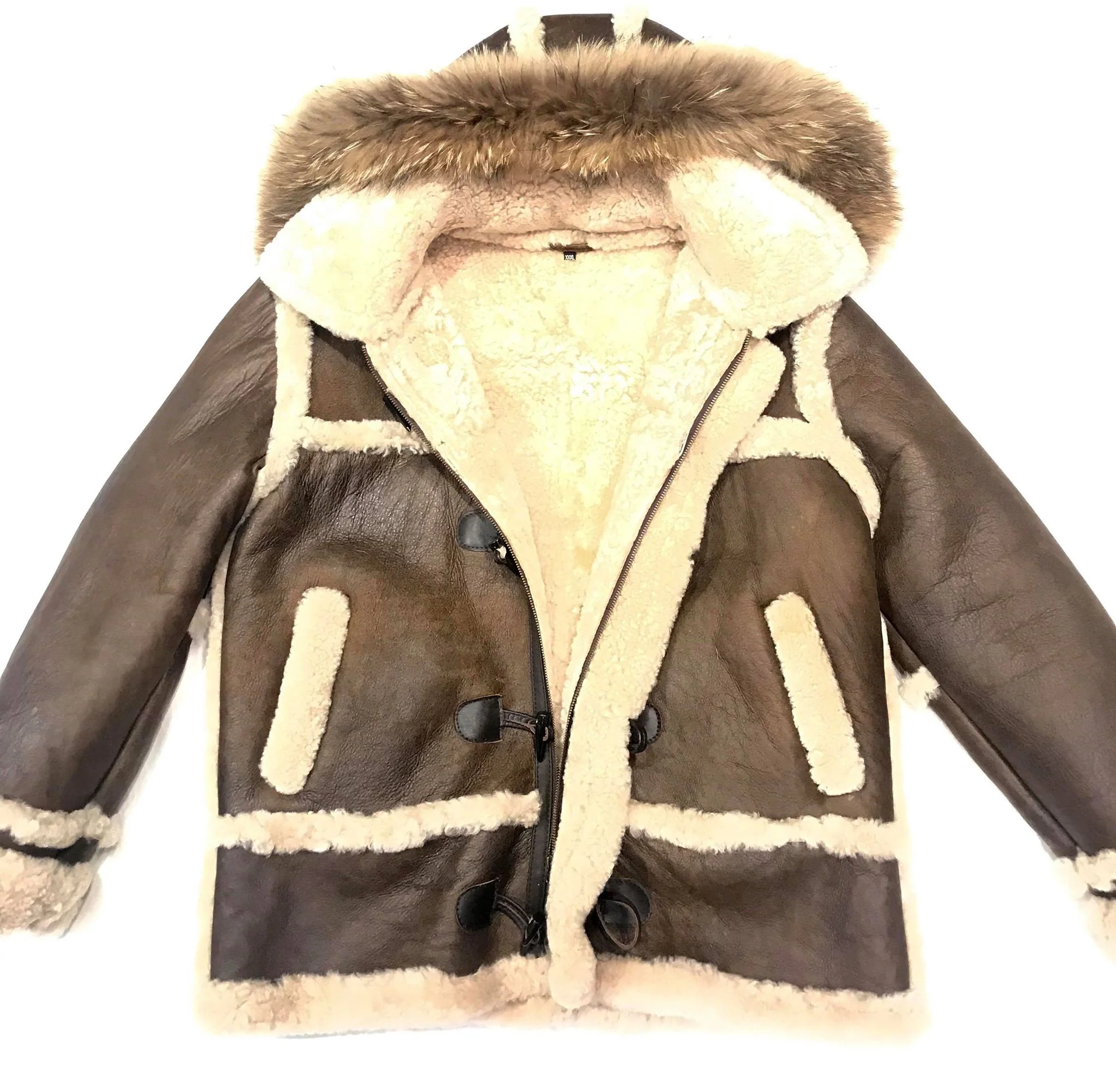 Kashani Deep Chocolate Duffel Fox Hooded Long Shearling Jacket - Image 3