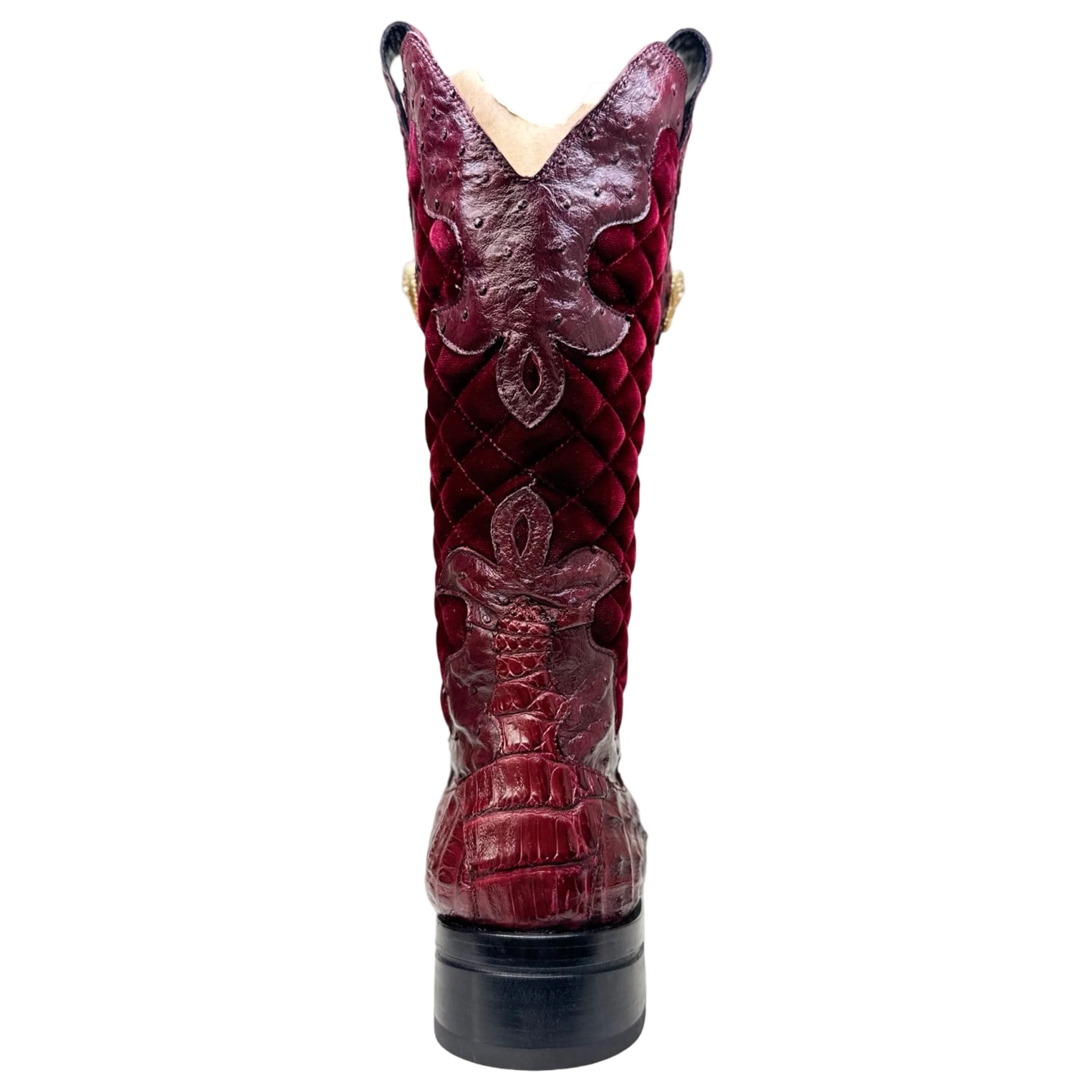 Mauri 42672/1 Ruby Red Quilted Velvet Hornback Crocodile / Ostrich Quill Cowboy Boots - Image 4