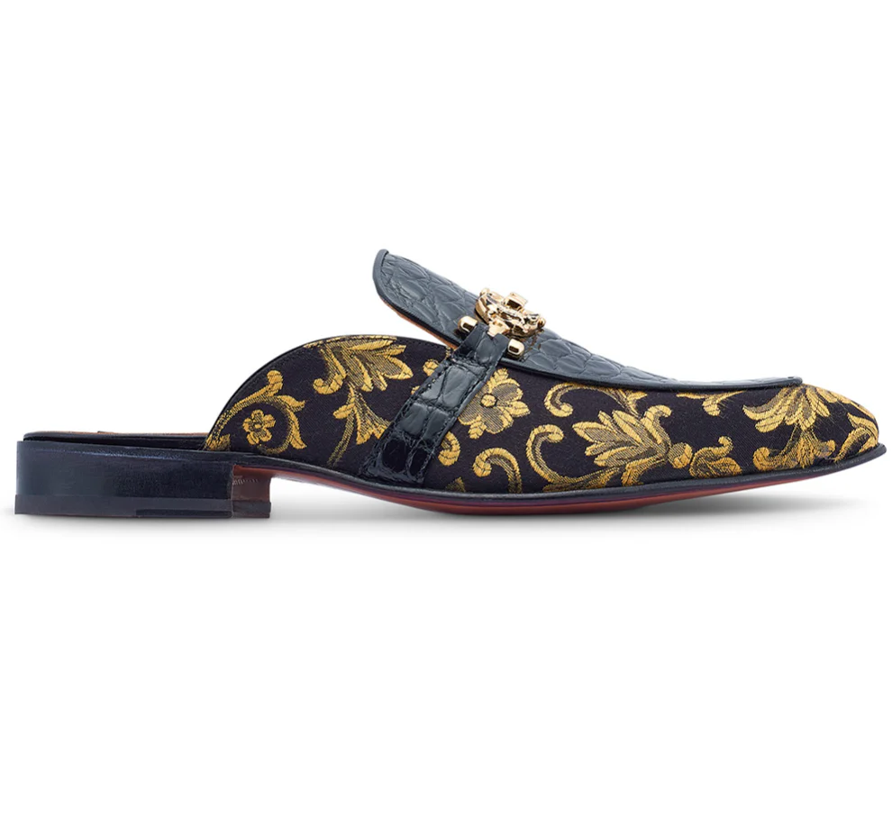 Mauri 4976 'Bermuda' Black/Gold Alligator + Fabric Sandal - Image 2