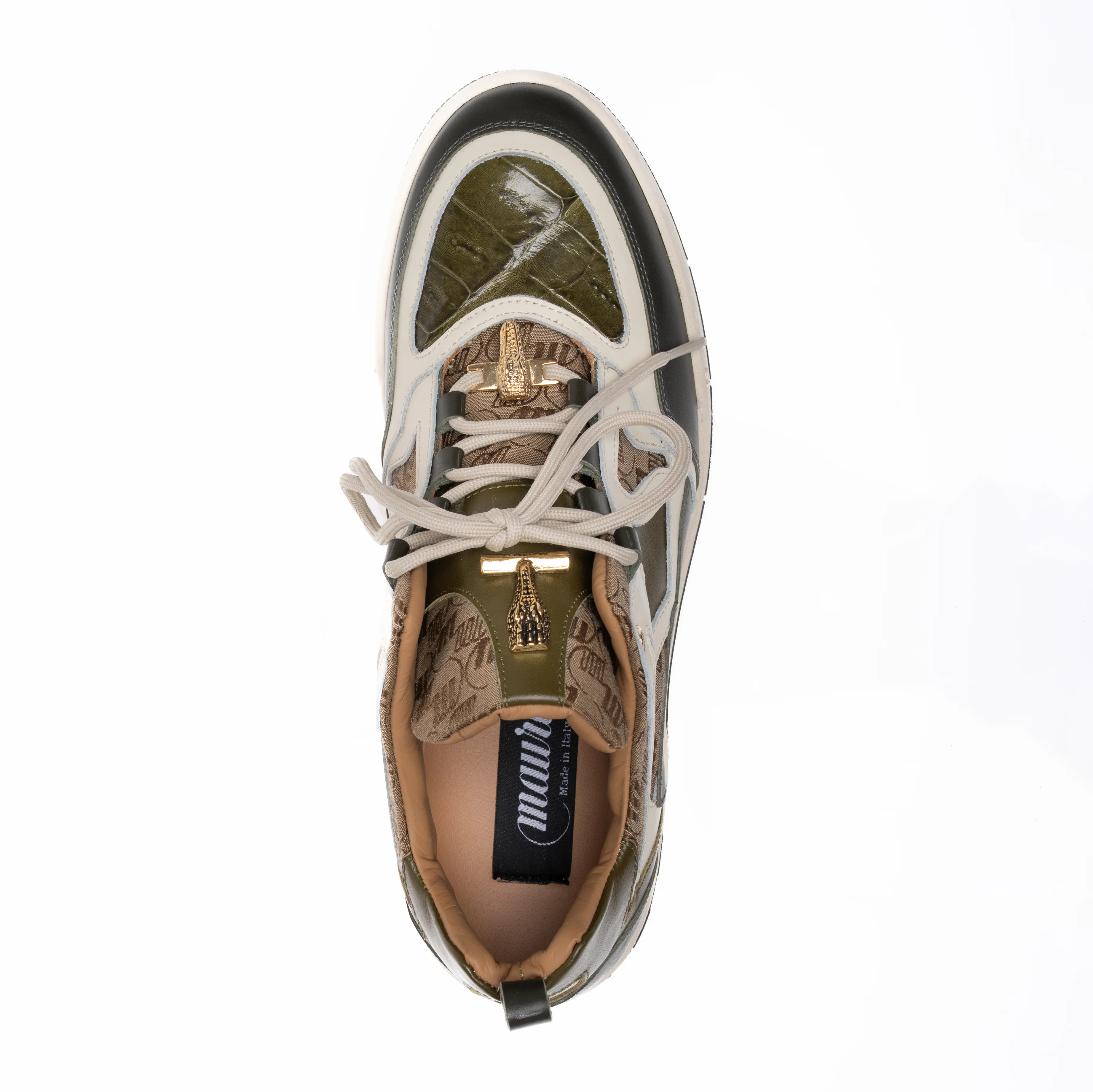 Mauri 8435 Nappa / Baby Crocodile / Double M Fabric Sneakers Army Green / Cream / Beige - Image 2