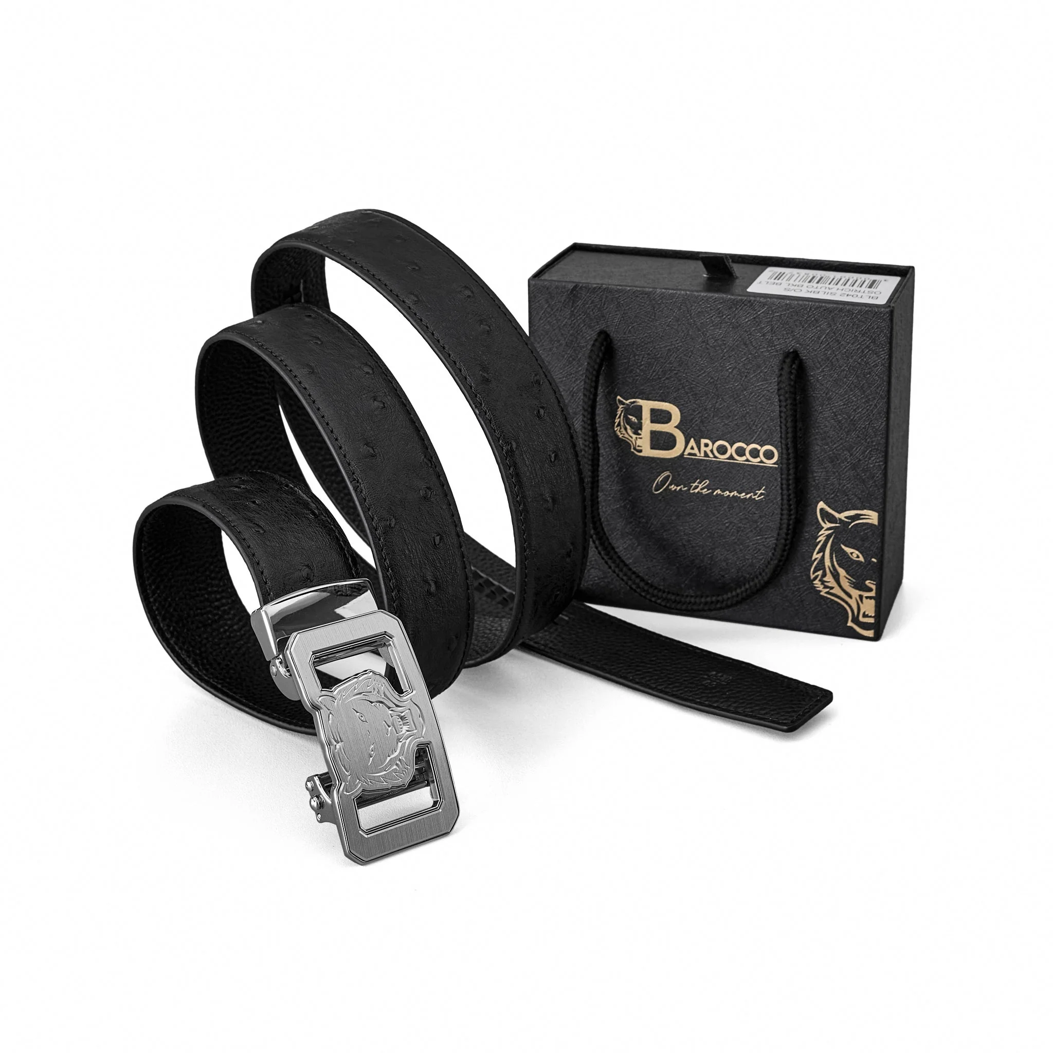 Ostrich Leather Lion Auto BKL Belt – Silver Ed. SILVER/BLACK - Image 7