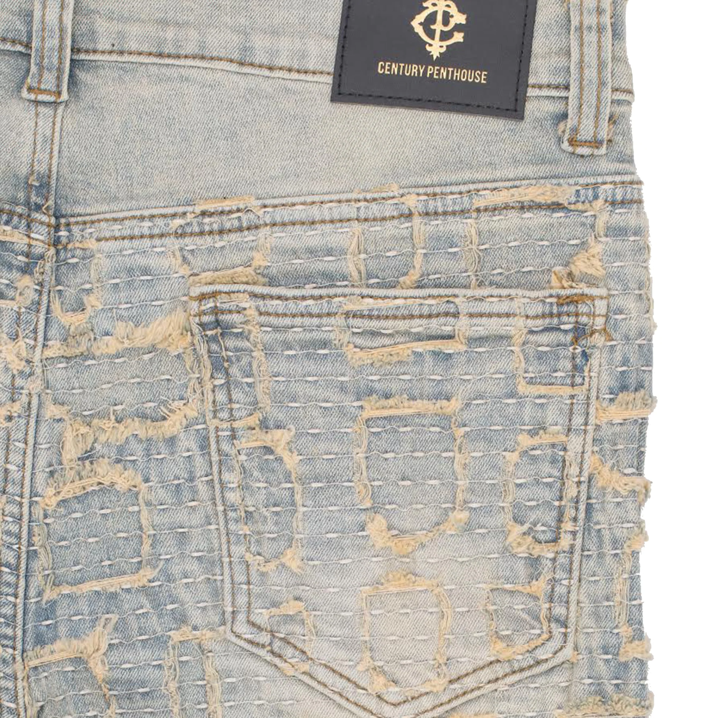 Patchwork Distressed Denim Jeans - Century Penthouse TAN - Image 5