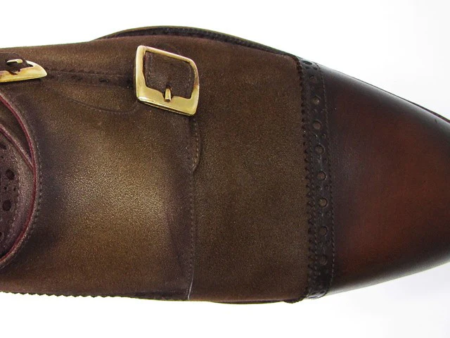 Paul Parkman Double Monkstrap Captoe Dress Shoe- Brown/ Beige Suede Upper And Leather Sole - Image 4