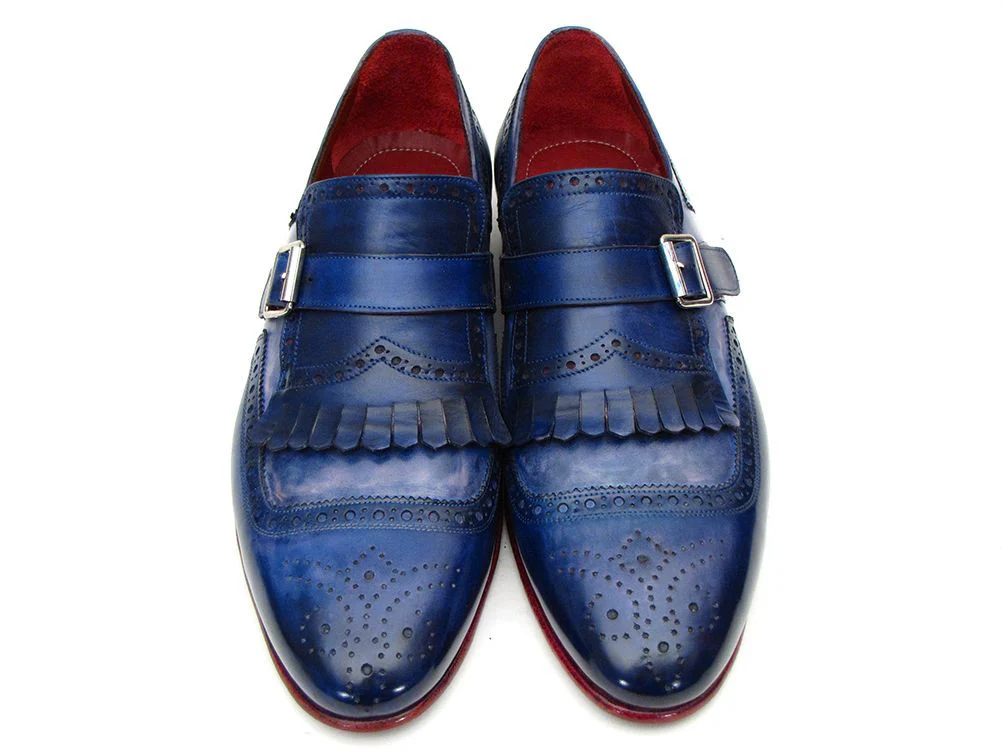 Paul Parkman Kiltie Monkstrap Shoes Dual Tone Blue Leather - Image 7