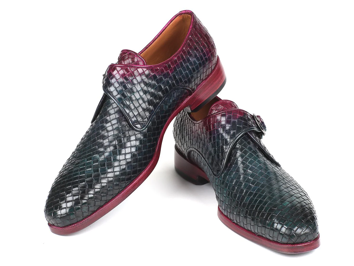 Paul Parkman Purple & Green Woven Leather Single Monkstraps - Image 3
