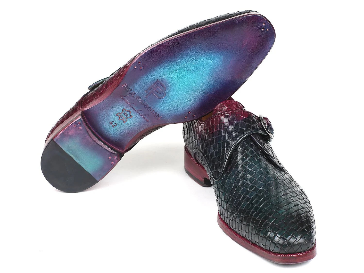 Paul Parkman Purple & Green Woven Leather Single Monkstraps - Image 6