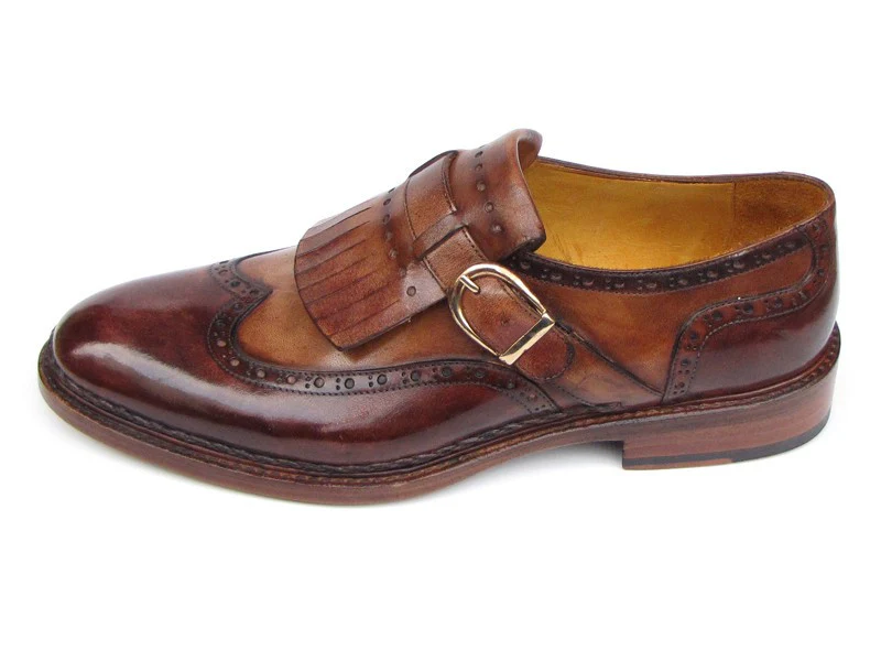 Paul Parkman Wingtip Monkstrap Brogues Brown Hand Painted Leather Upper With Double Leather Sole - Image 6