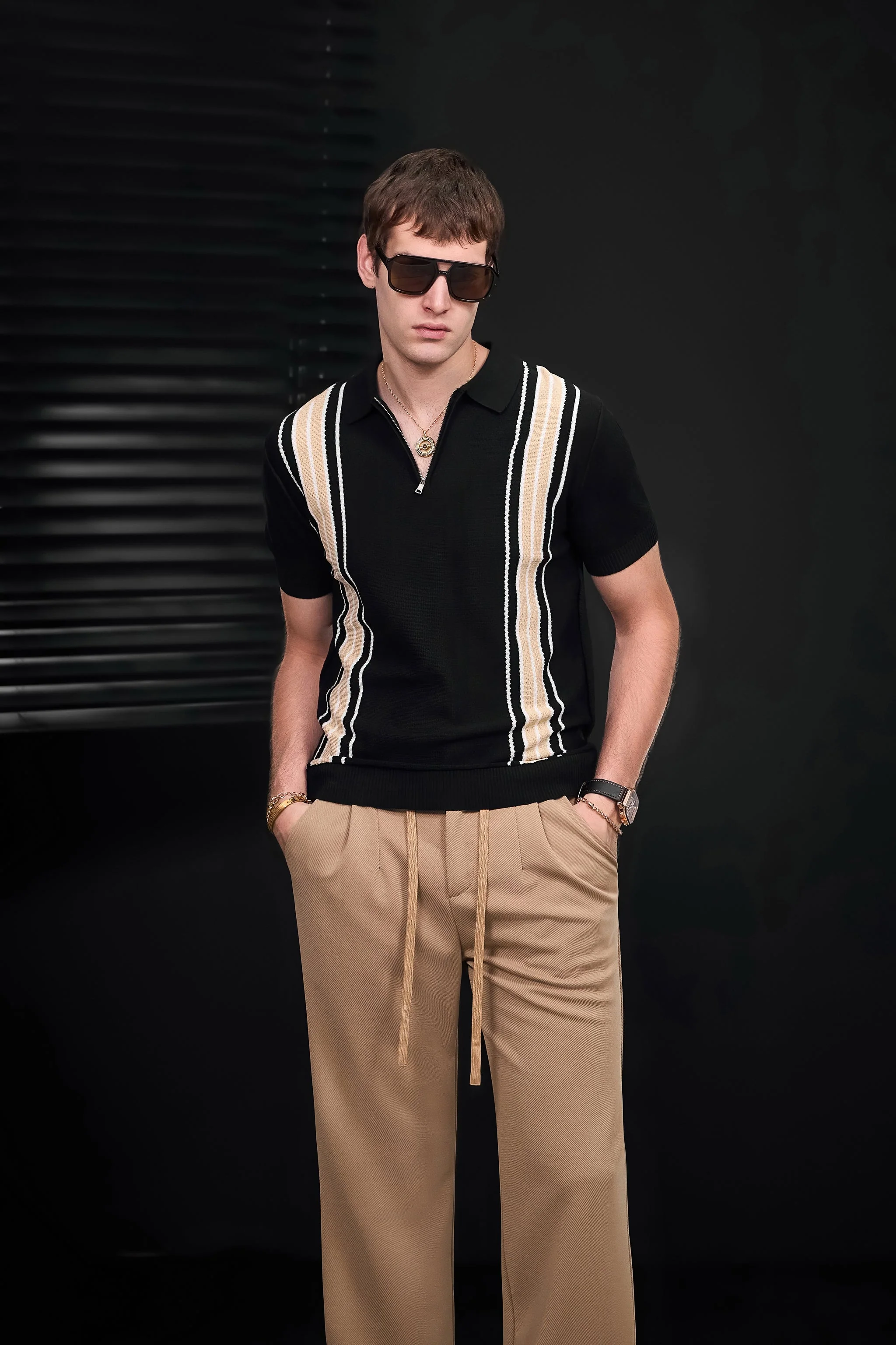Retro Stripe Zip Knit Polo BLACK/KHAKI - Image 8